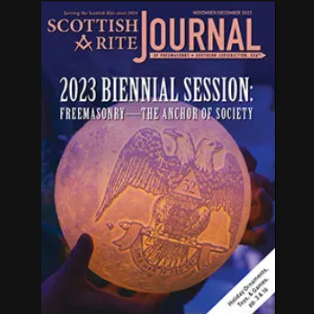 Cover of the Scottish Rite Journal, December 2022 issue, featuring a glowing purple-hued sphere with an engraved Freemasonry symbol of a square and compass.