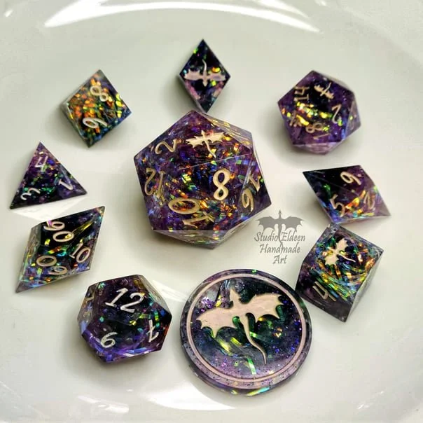 This purple set was inspired by one of my DnD characters. The holographic strands really pop against the translucent purple.