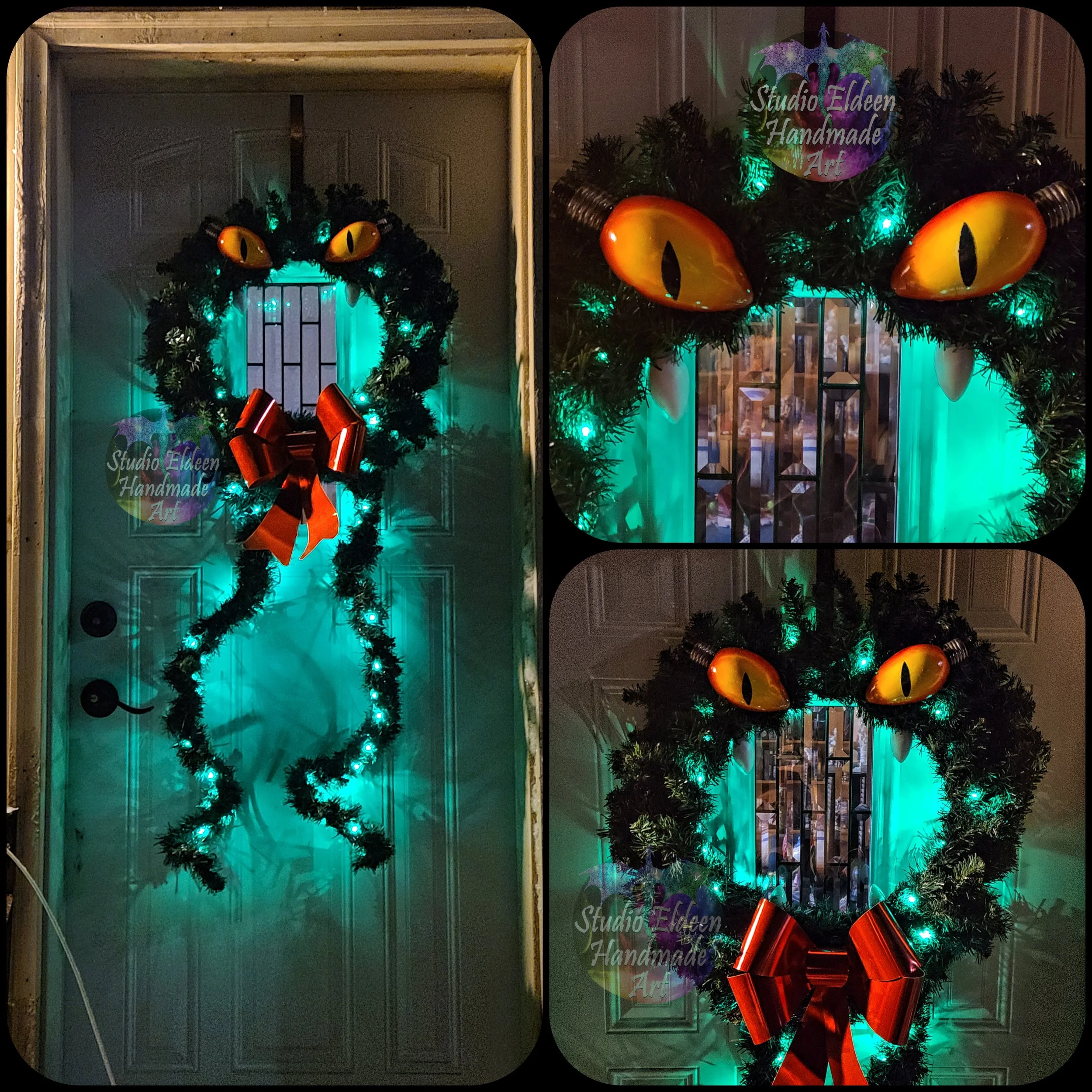 I made my own Wreath Monster from The Nightmare Before Christmas. 

I wrapped pine garland at the base of the wreath, then ran a set of green LED lights through the whole thing. I hot glued the battery pack behind where the garland joins the wreath a