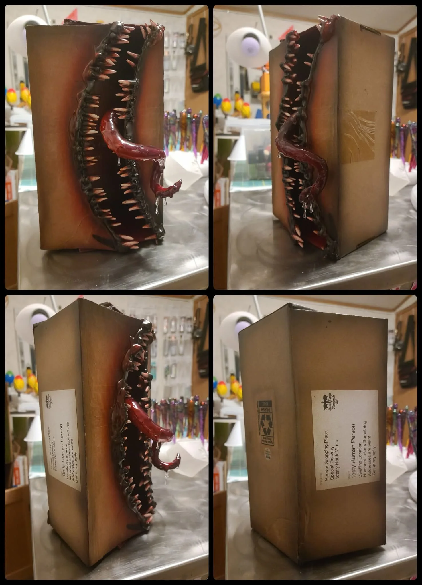 A meme floating around on Facebook inspired this little Amazon Box mimic. I used a cardboard box, Apoxie Sculpt, UV resin, and hot glue. The mouth is actually the Amazon arrow split open.

I airbrushed the teeth, tongue, and a little wear and tear in