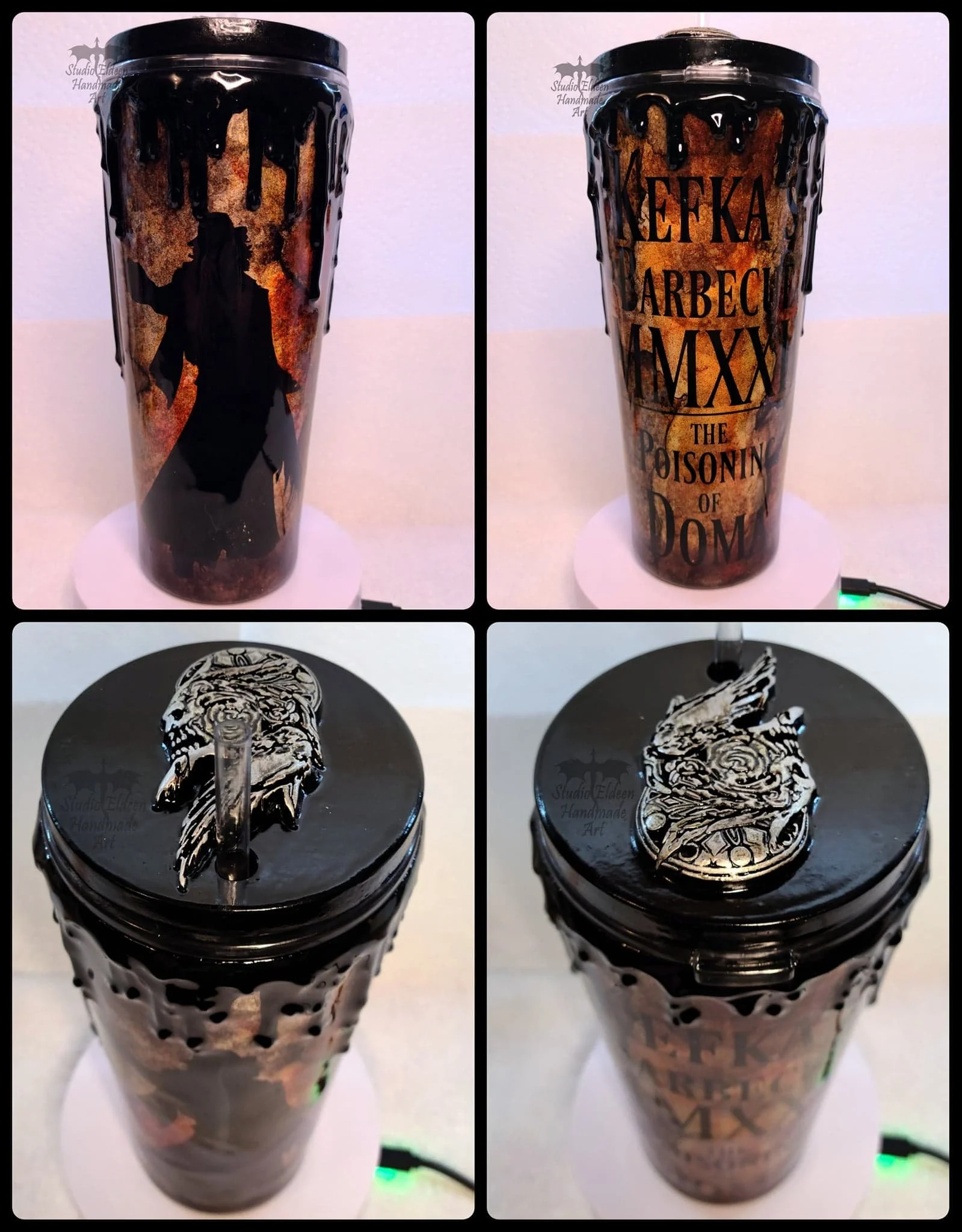 Number 3 of 4 of the Final Fantasy villain tumblers.

Once again, hubby outdid himself with his digital sculpting skills- he made the seal from this game into a tumbler topper and 3d printed it for me. I used silver Rub N' Buff to pick out the highli