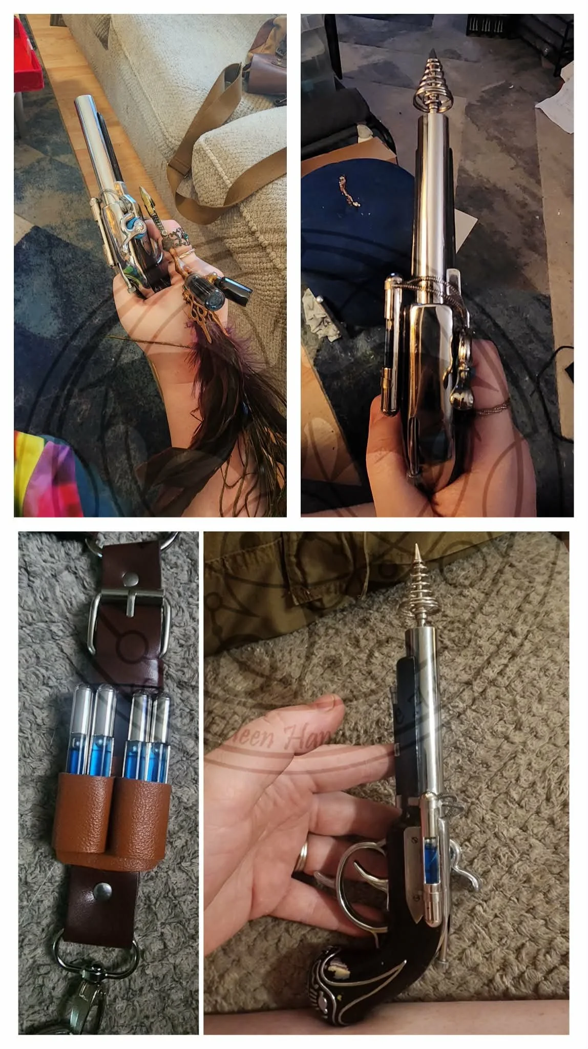 More steampunk/peacock inspired cosplay pieces.

I attached a spirit level, some springs, and a spiral pendulum head to a replica flintlock lighter to make a raygun. The lighter still sparks but there's no lighter fluid in it so it won't actually lig
