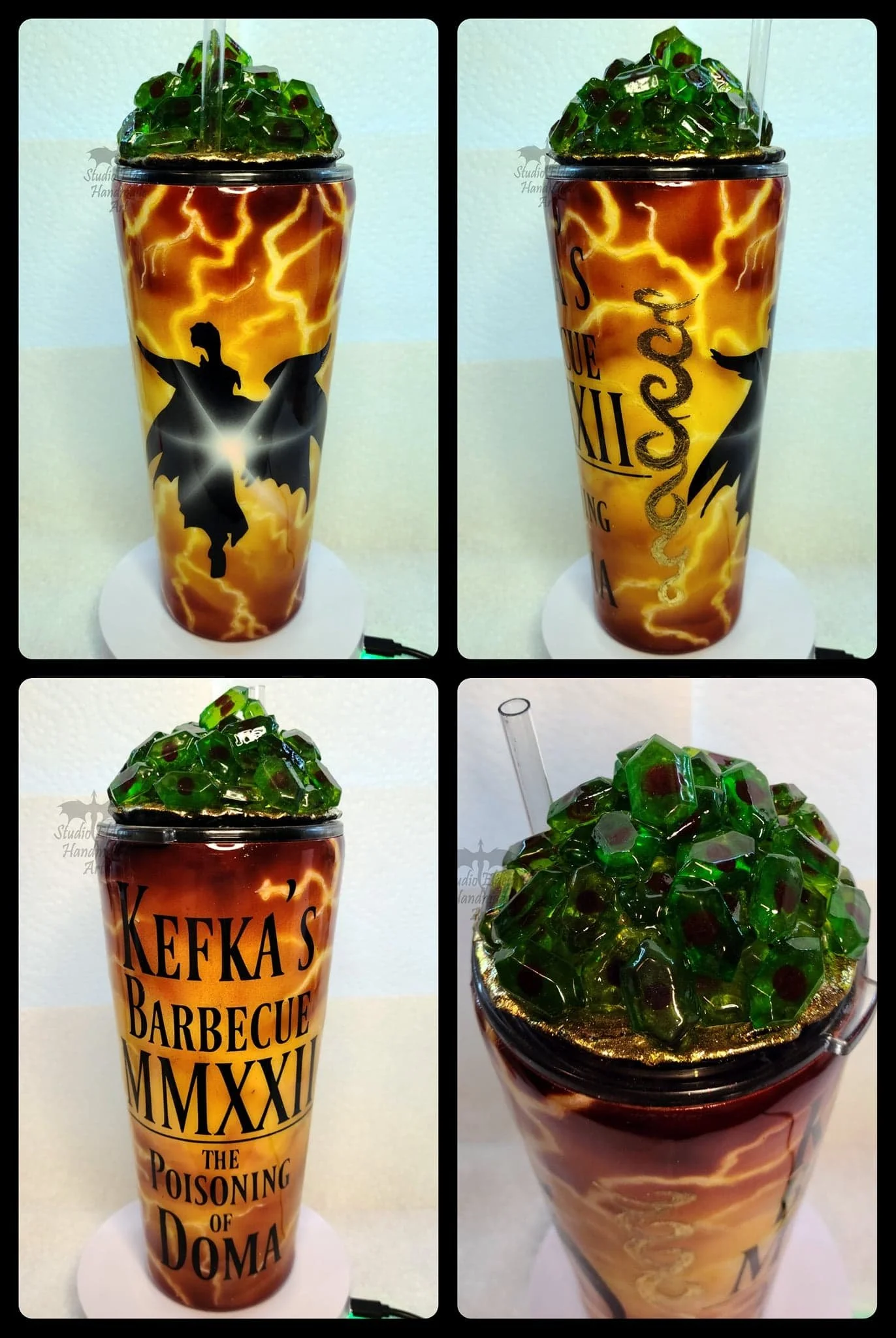 This customer asked for a set of 4 custom tumblers, each themed around a a different Final Fantasy villain.

I airbrushed the lens flare and the lightning, then went back over the lightning with glow-in-the-dark paint. This was my first time using an