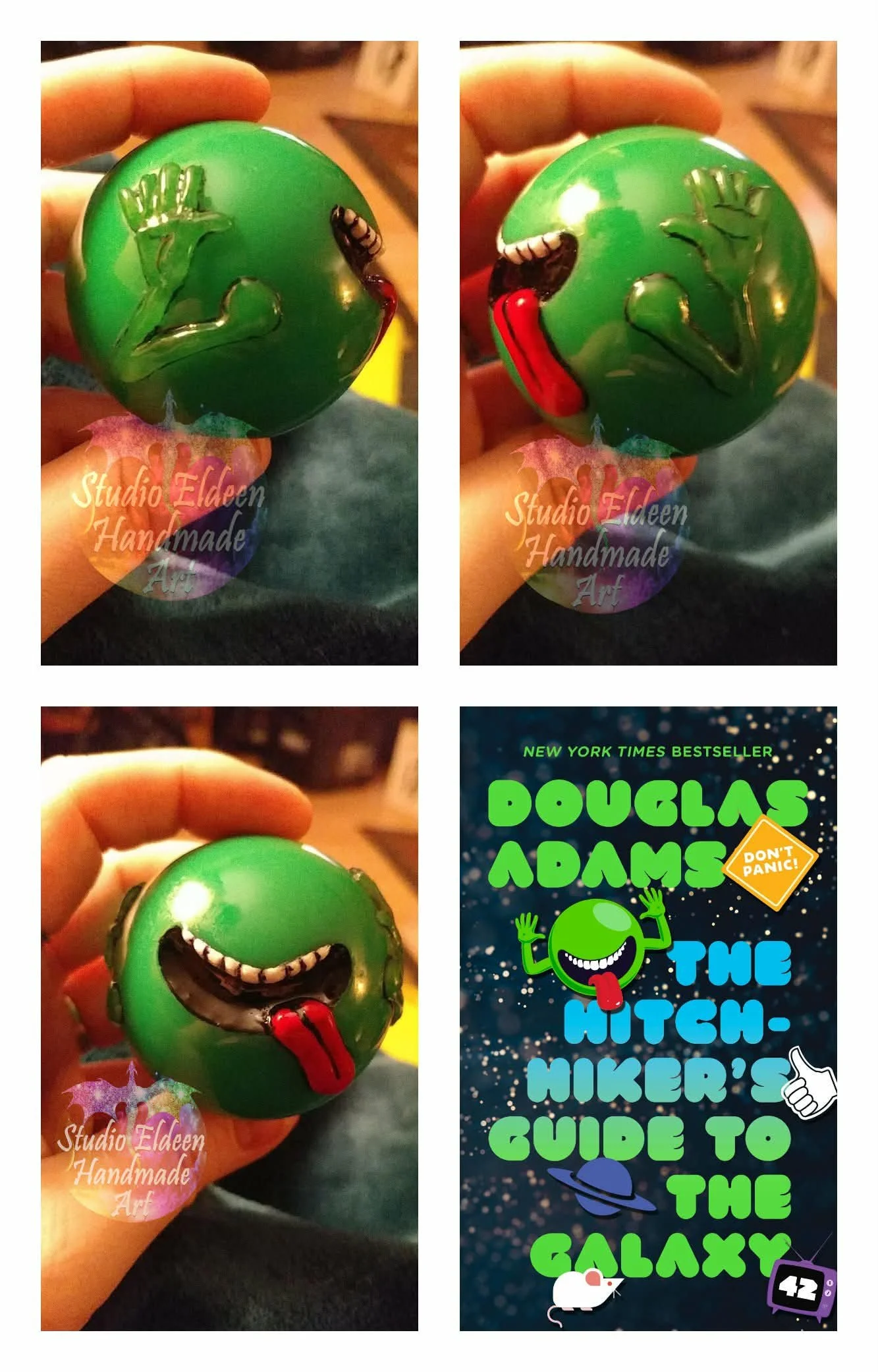 My friend loves Douglas Adams' Hitchhiker's Guide to the Galaxy. He asked me if I could alter this green gumball shift knob to look like the little green alien on the cover of the book.

I used a rotary tool to carve out the mouth and some PolyGel Ac