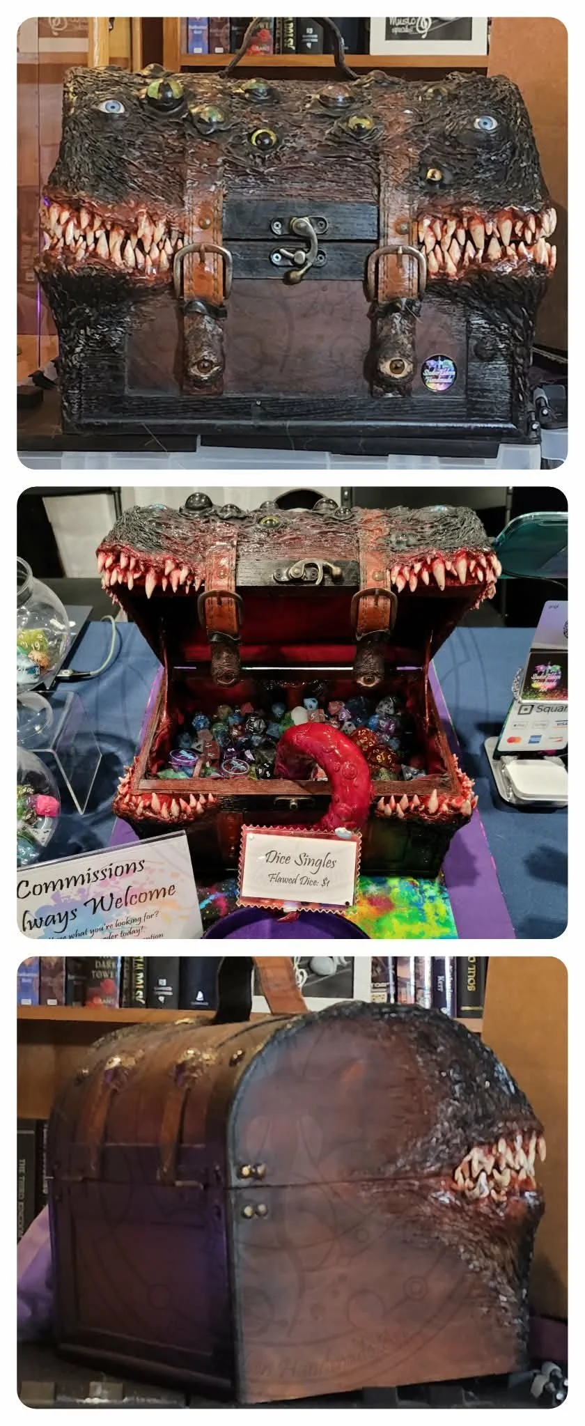 Nibbles started as a gift for Hubby, but he decided Nibbles needed to come with us to conventions to nom on our flawed dice.

I glued premade and handmade eyes to an off-the-shelf treasure chest. The teeth are made of Apoxie Sculpt. The wrinkly skin 