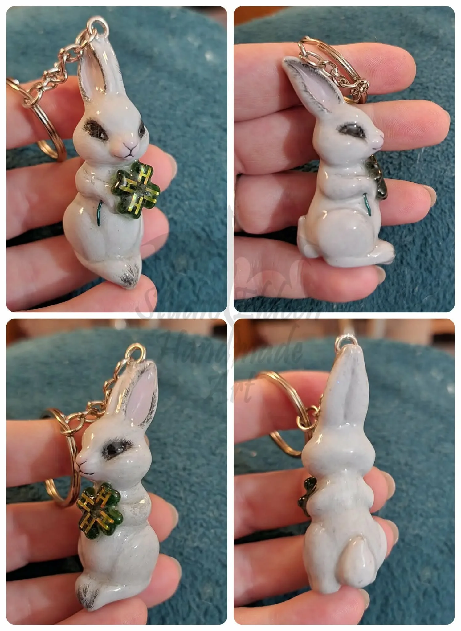 This customer and her mother raise rabbits and show them at the local Four-H club. She asked me to make a Four-H rabbit keyring for her mother.

The rabbit is hand-sculpted from Apoxie Sculpt and painted with acrylics. The clover is green UV resin wi