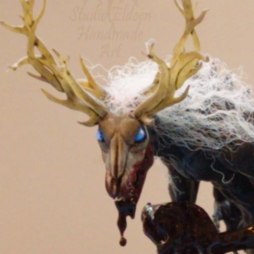 A horror-themed figure of a creature with a deer's skull and antlers, blue eyes, and long white hair, holding a bloody human heart, set against a beige background.