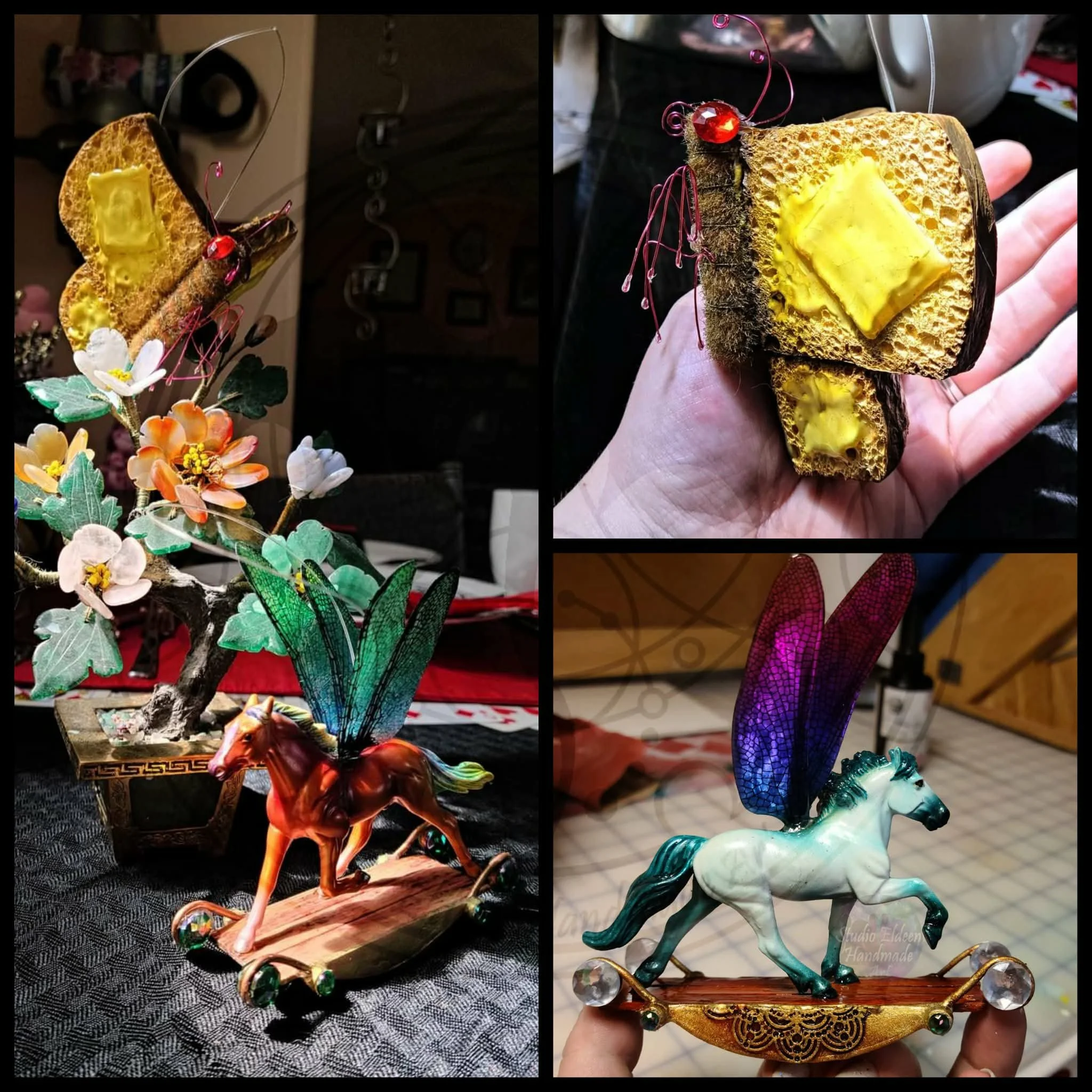 I'll eventually make all the little critters from Alice in Wonderland, but I started with these two.

The Rocking Horse Flies started with Breyer horse toys that I painted in fun colors. I made the wings out of UV resin. The rocker is 3 coffee stirre