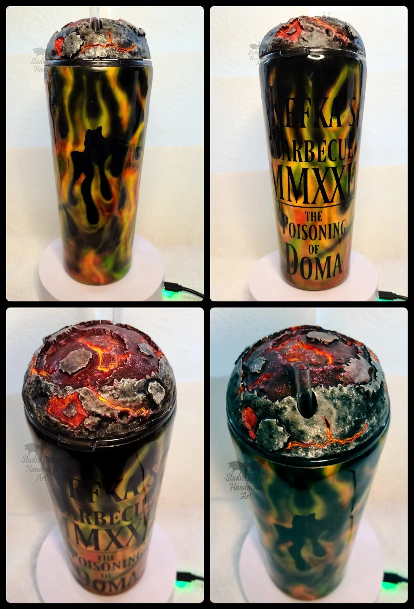 Number 2 of the 4 Final Fantasy villain tumblers.

Hubby found a STL file of 4 Vesta, the largest asteroid visible to the naked eye here on earth and modified it so it could be a topper. I used glow-in-the-dark and neon pigments to make it look hot a