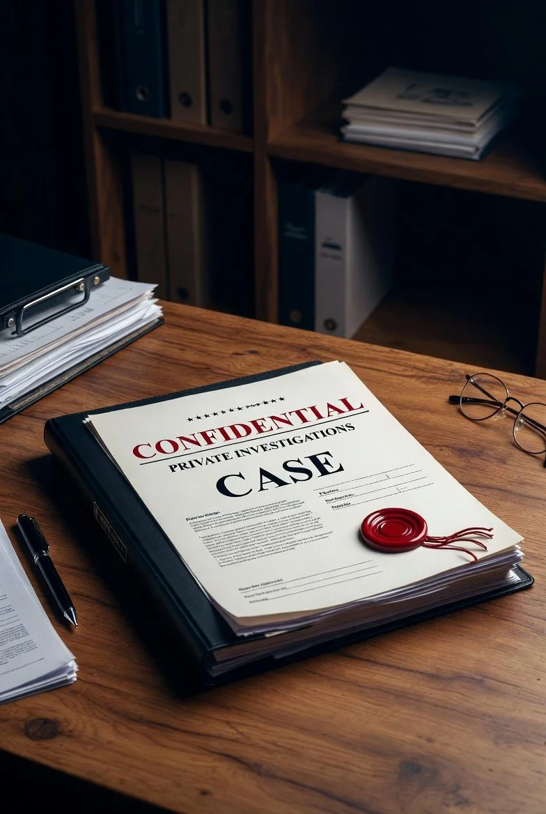 A wooden desk with a confidential case file, a black pen, glasses, and some documents in a folder, with shelves of binders and papers in the background.