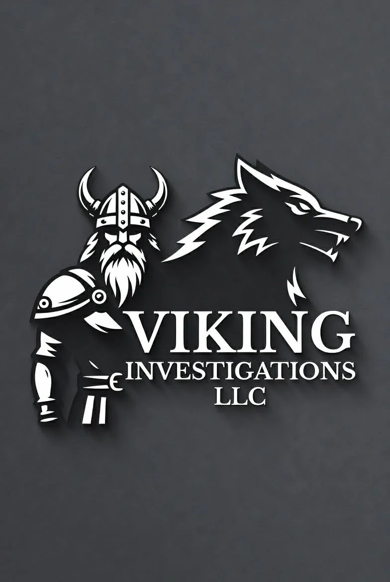 Logo for Viking Investigations LLC featuring a Viking warrior with a helmet and beard, and a roaring wolf head, with the company name below in bold text.