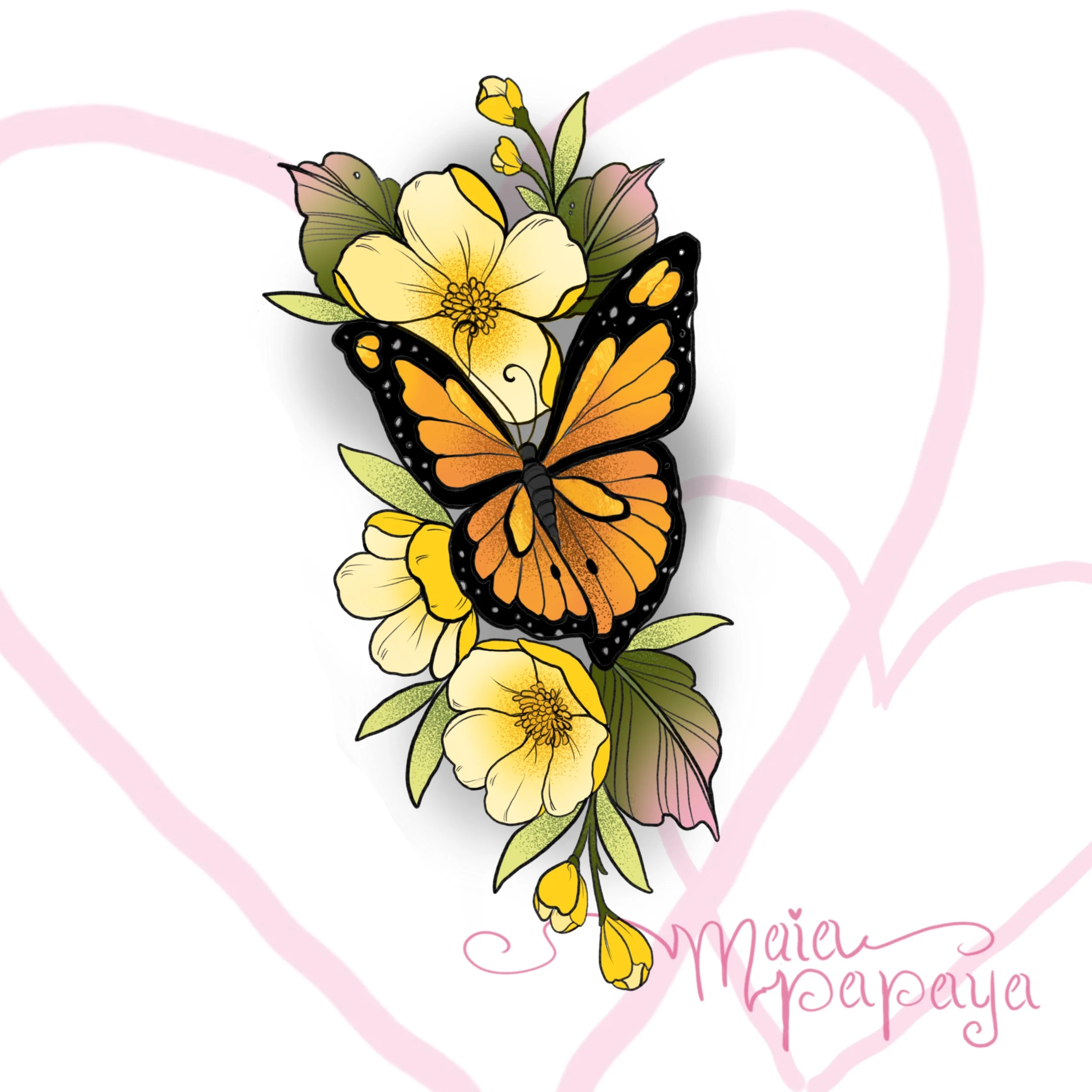 Tiger Butterfly & Buttercup Flowers