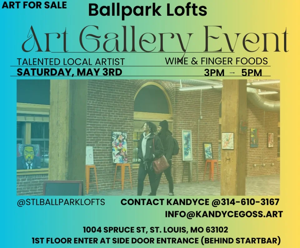 An event poster for an art gallery event at Ballpark Lofts, taking place on Saturday, May 3rd from 3 PM to 5 PM, featuring talented local artists, wine and finger foods. The poster includes an image of an art gallery with people viewing paintings inside a brick-walled space.