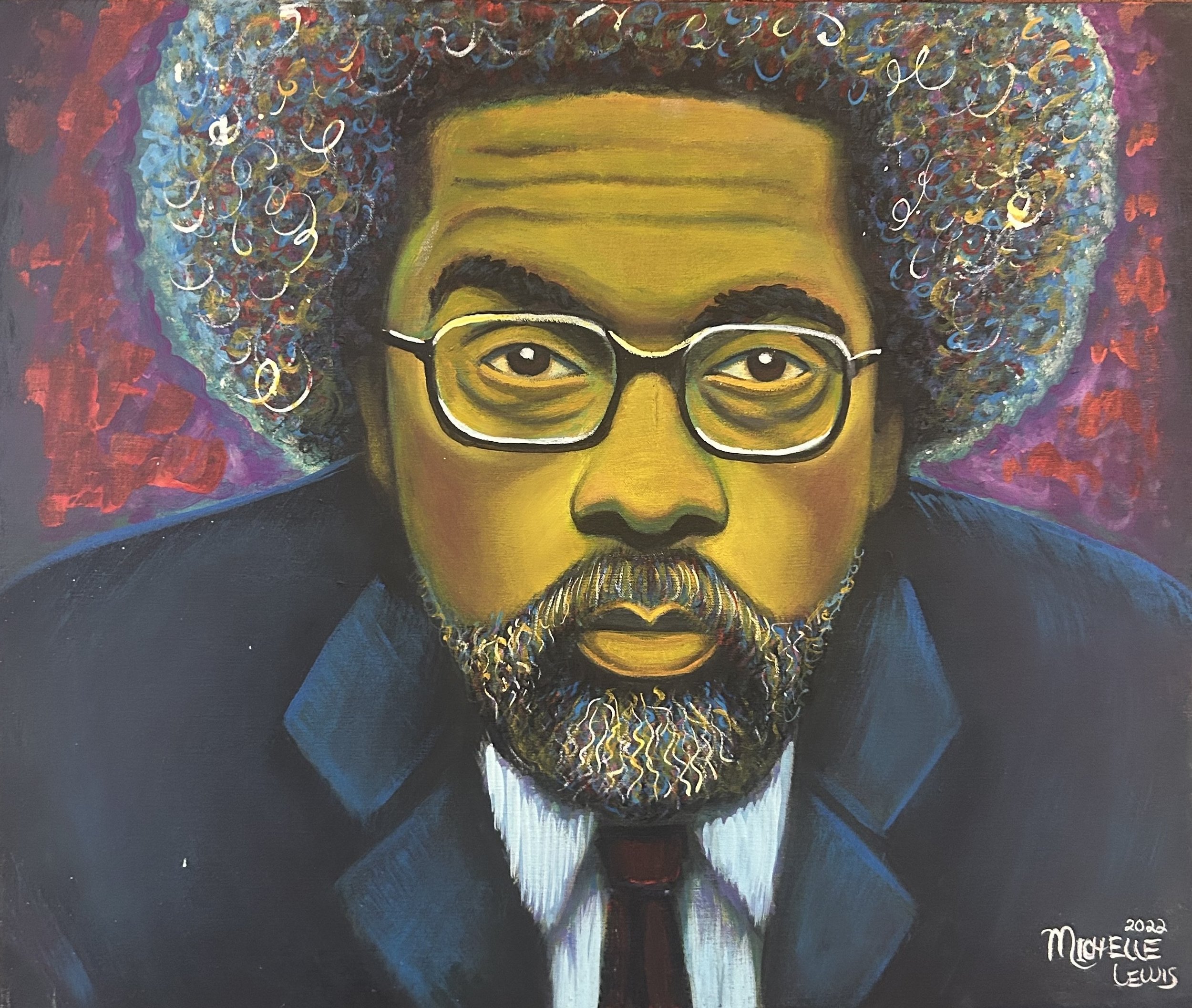 A colorful portrait painting of a man with glasses, a beard, and curly hair, wearing a dark suit and tie, with a vibrant abstract background.