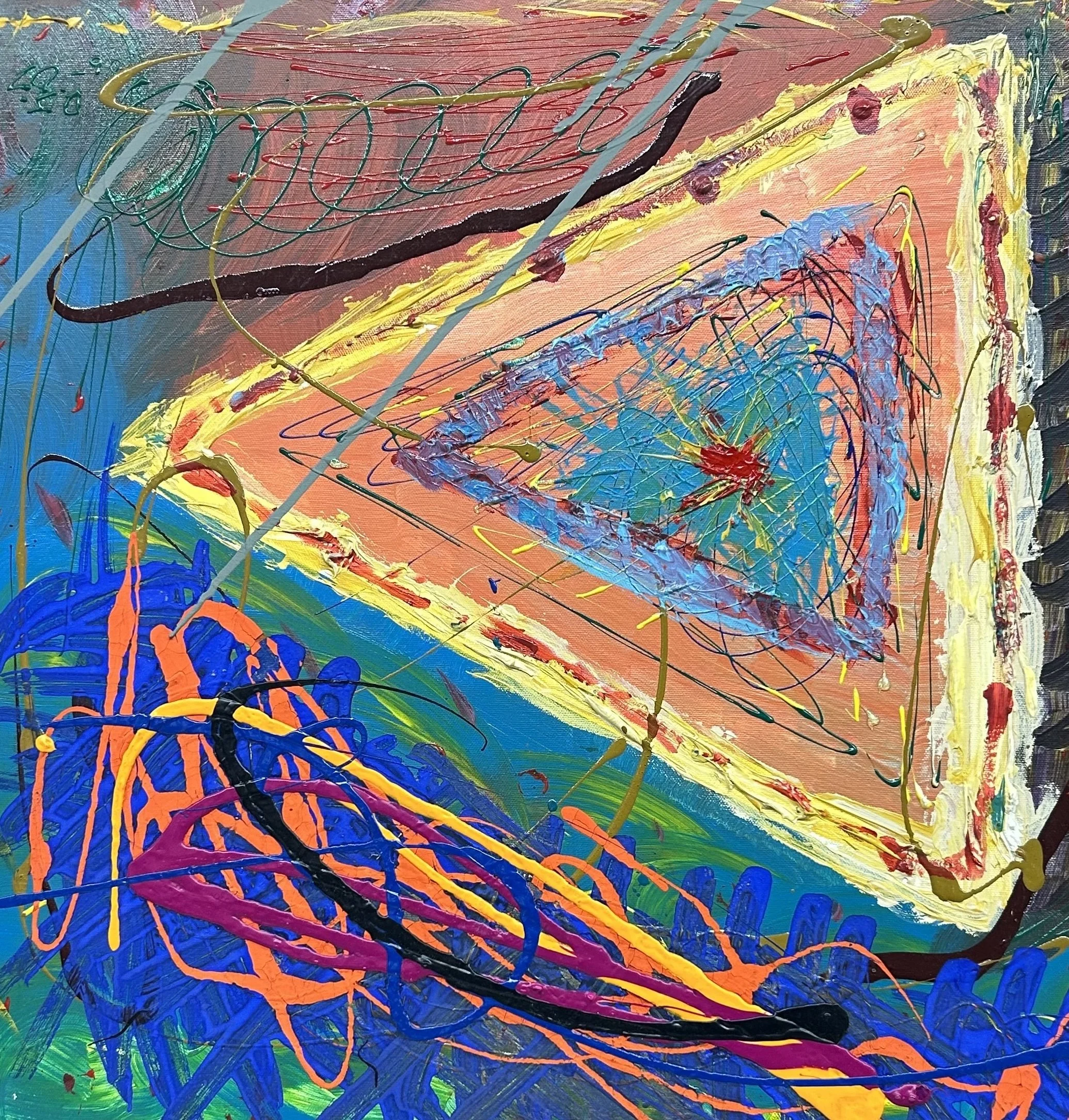 Abstract expressionist painting with vibrant swirls, splatters, and strokes of colors including blue, green, orange, yellow, red, black, pink, and purple.