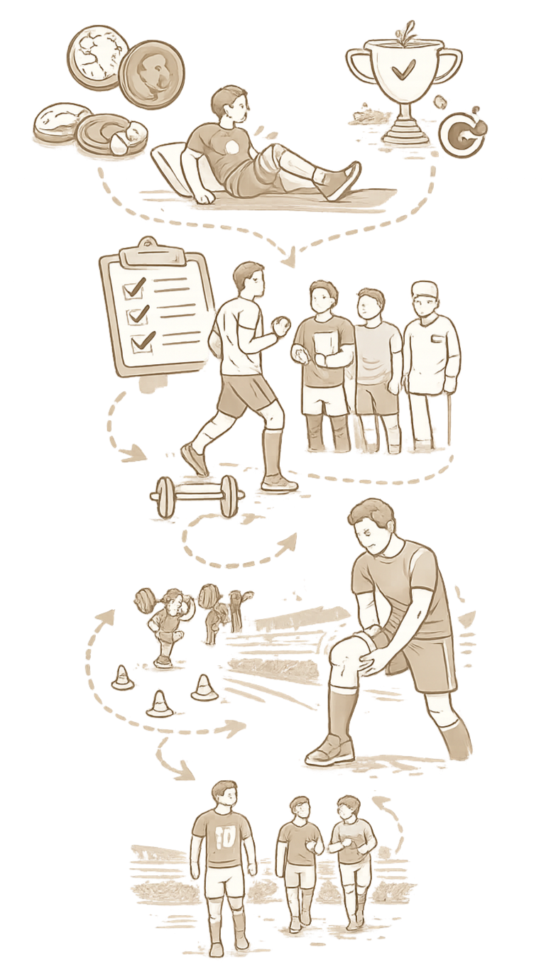 Sequence of illustrations depicting a person transitioning from rest, to fitness activities, sports, injury care, and ending with team sports.