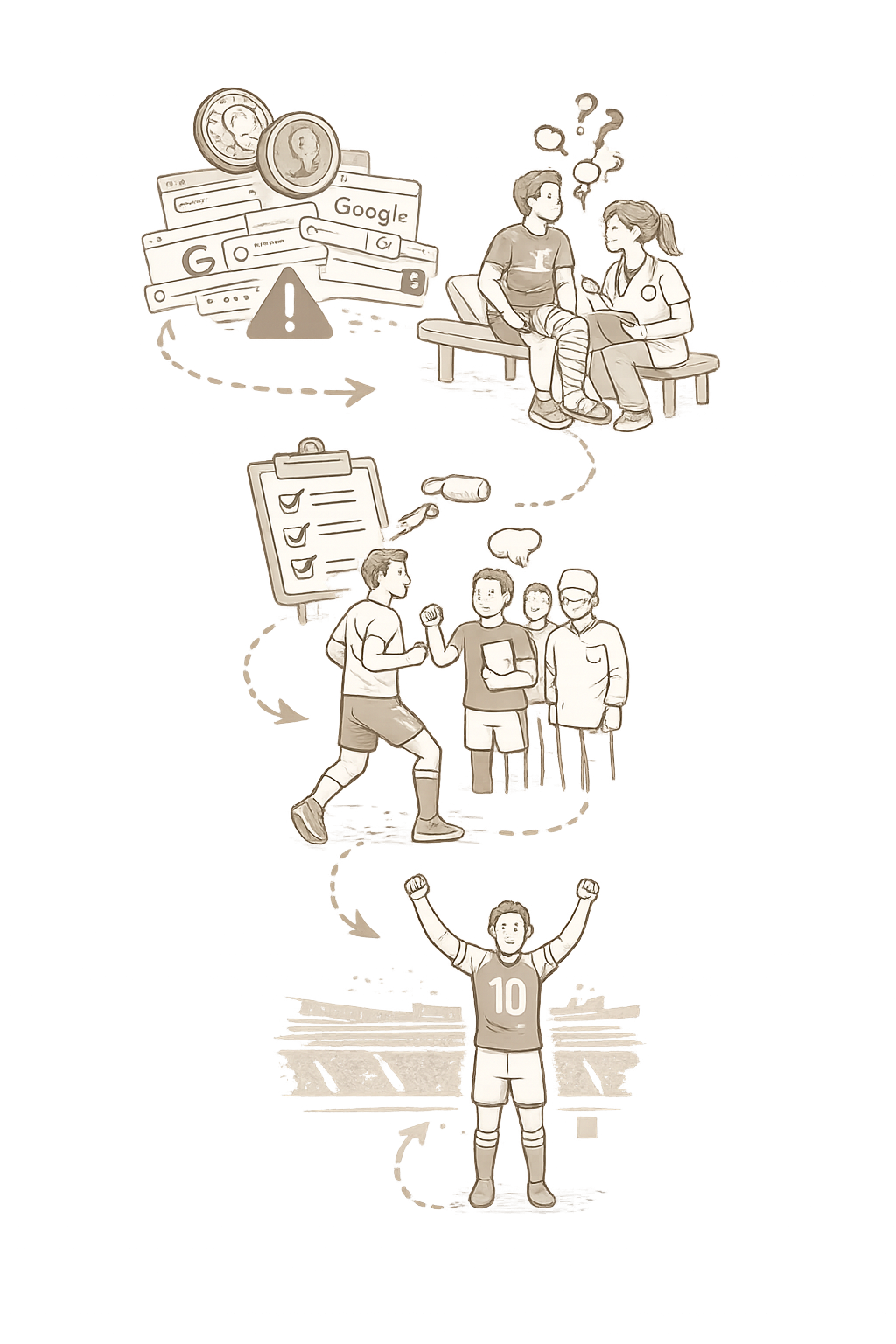 A digital illustration depicting three stages of health and fitness:
1. A healthcare setting with a doctor consulting a patient, with elements like coins, search bars, and a pyramid suggesting medical research or online health information.
2. An athletic scene with a coach talking to a group of young athletes, and a checklist on a clipboard indicating training or evaluation.
3. A sports victory moment with a female athlete celebrating a win on the field.