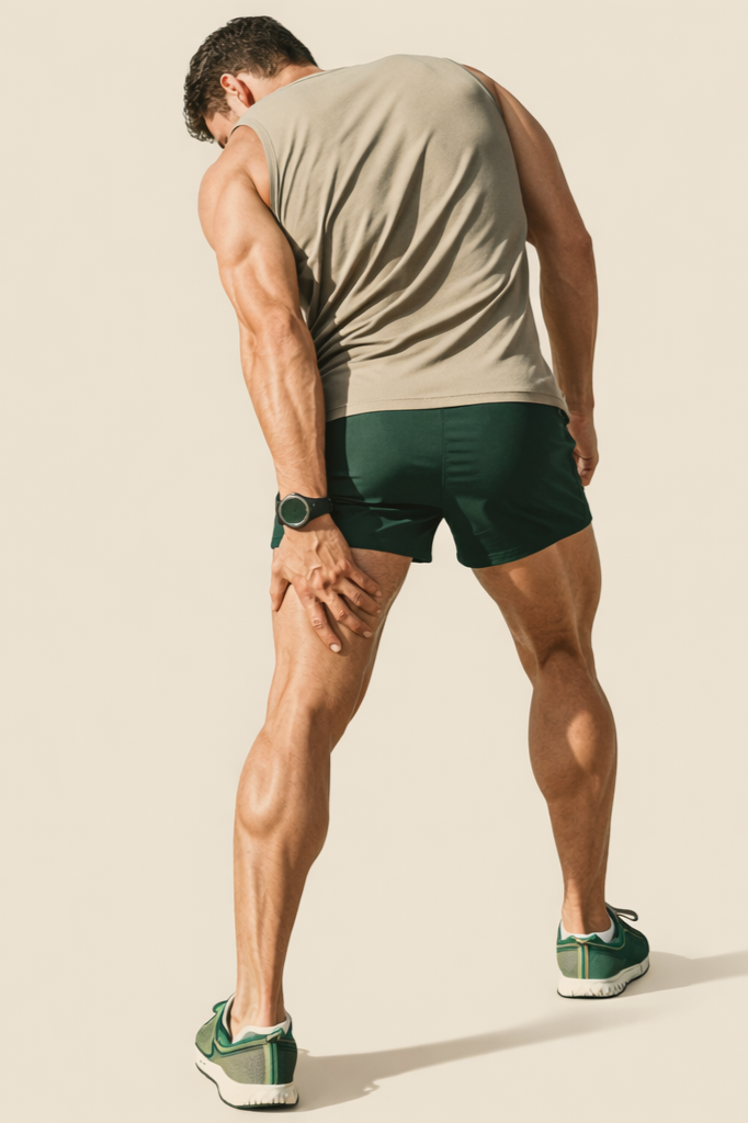 A man in athletic clothing standing against a neutral background, holding his thigh in discomfort.