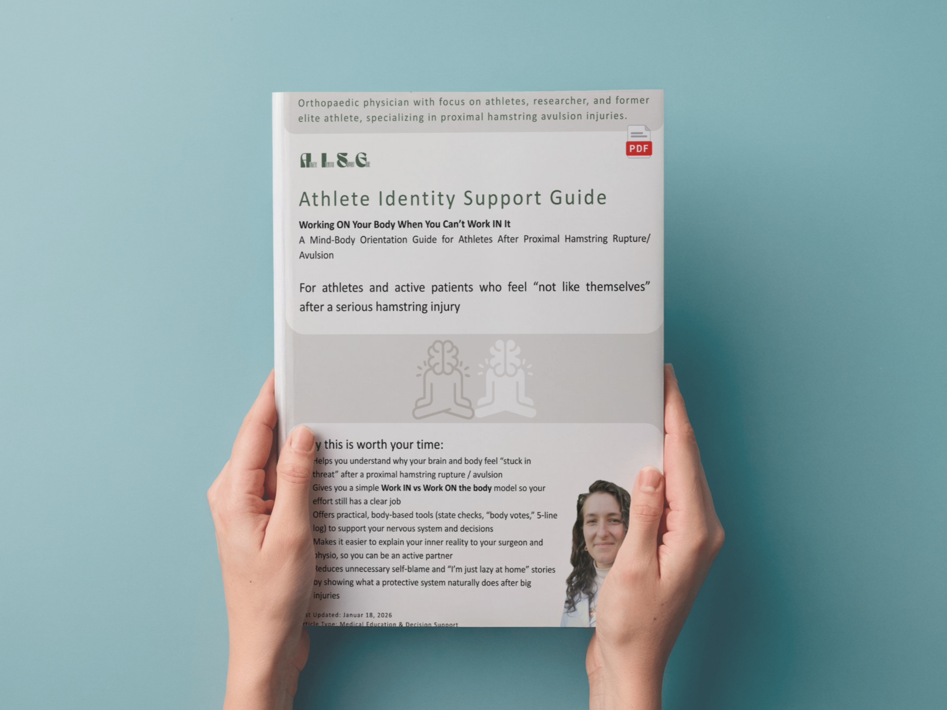 A person holding a pamphlet titled 'Athlete Identity Support Guide' against a light blue background.