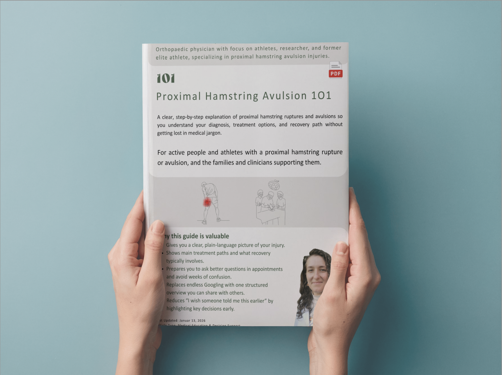 Hand holding a guidebook titled 'Proximal Hamstring Avulsion 101' with a light blue background, featuring images and text about hamstring injuries, treatment, and recovery for athletes and clinicians.