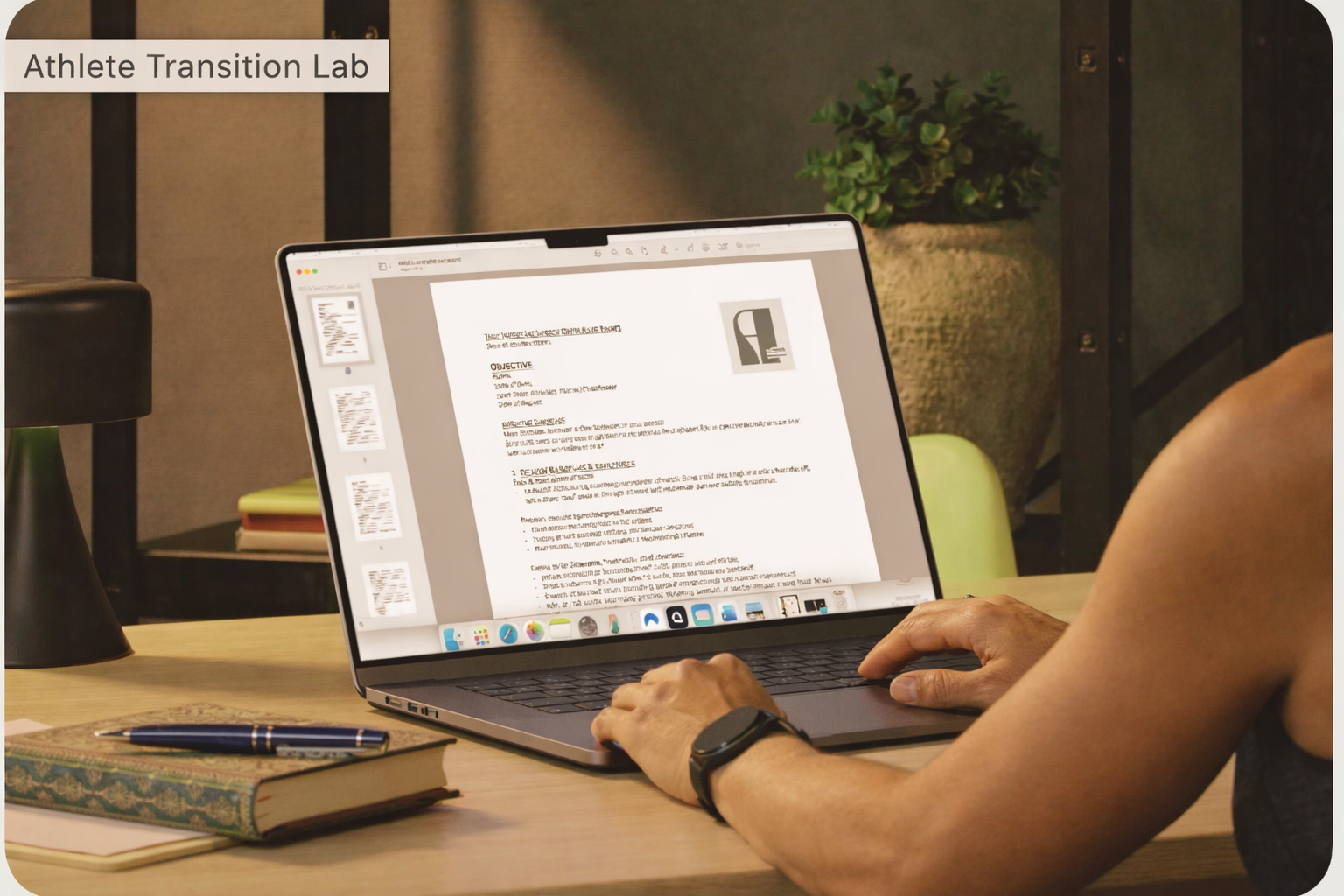 Person working on a laptop at a desk with a notebook and pen, in an office or study environment.