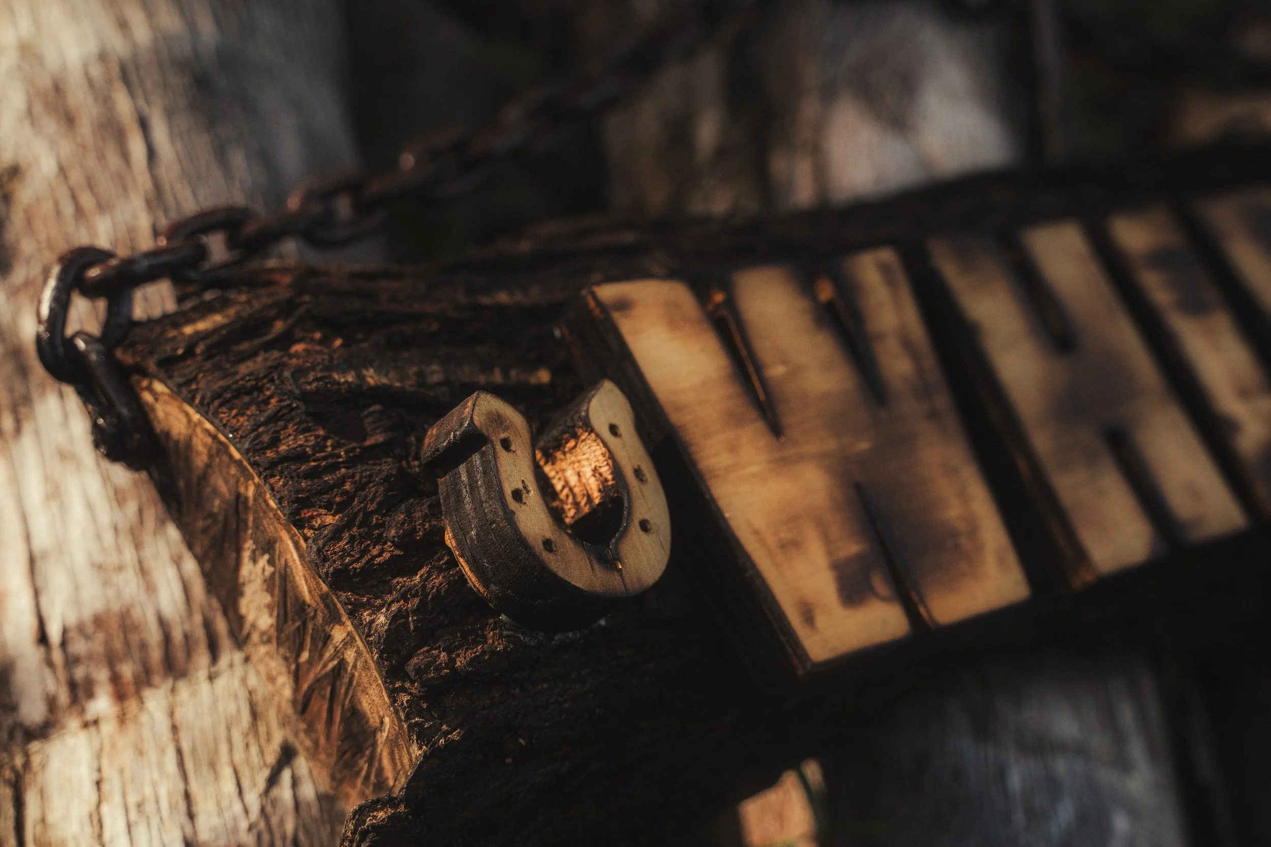 A close-up view of a wooden pallet with a horseshoe at the corner, resting on a charred piece of wood, with a chain and a wooden fence or structure in the background.