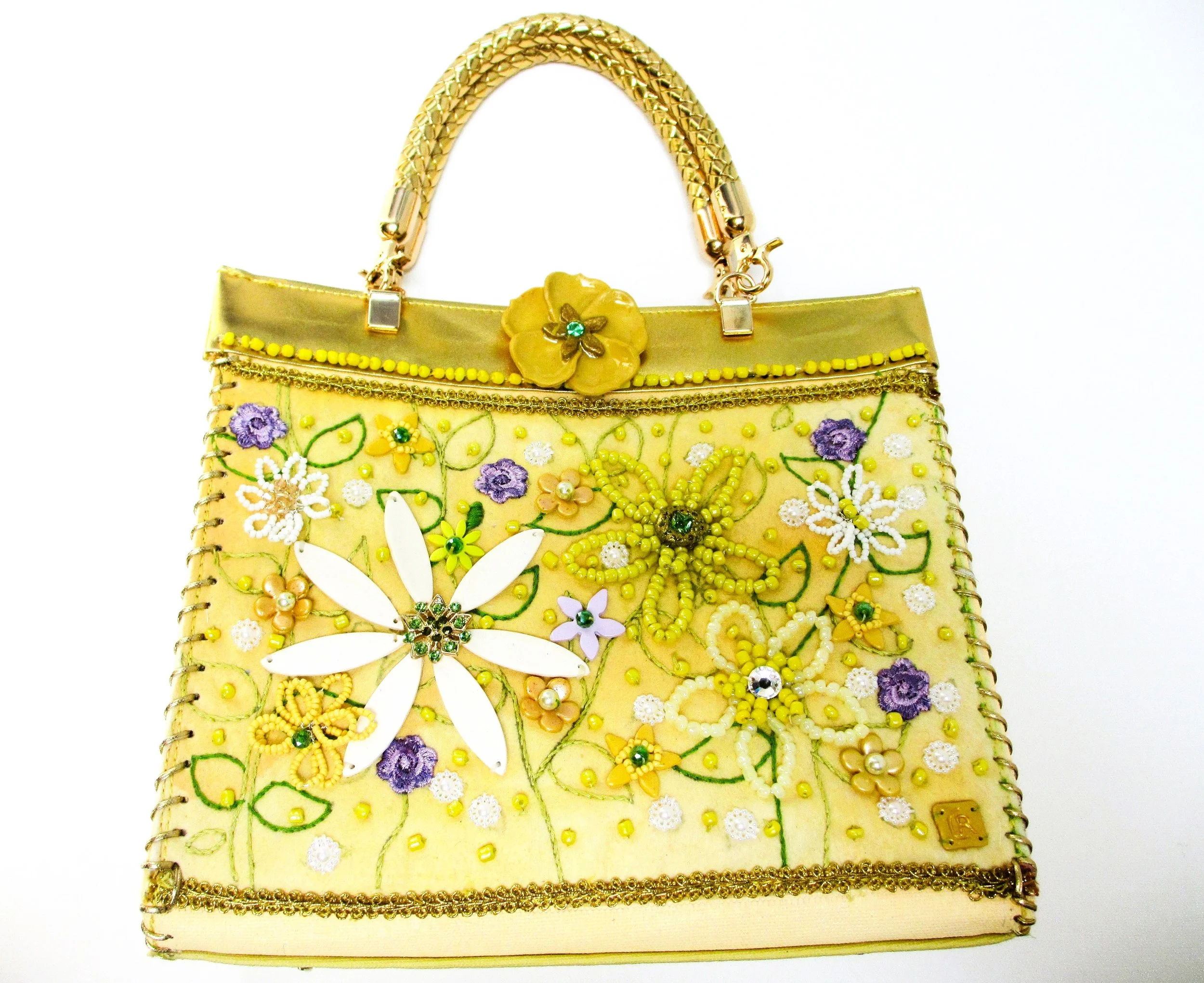 Yellow,Beaded- Handcrafted Handbag with leather stitching and gold handles