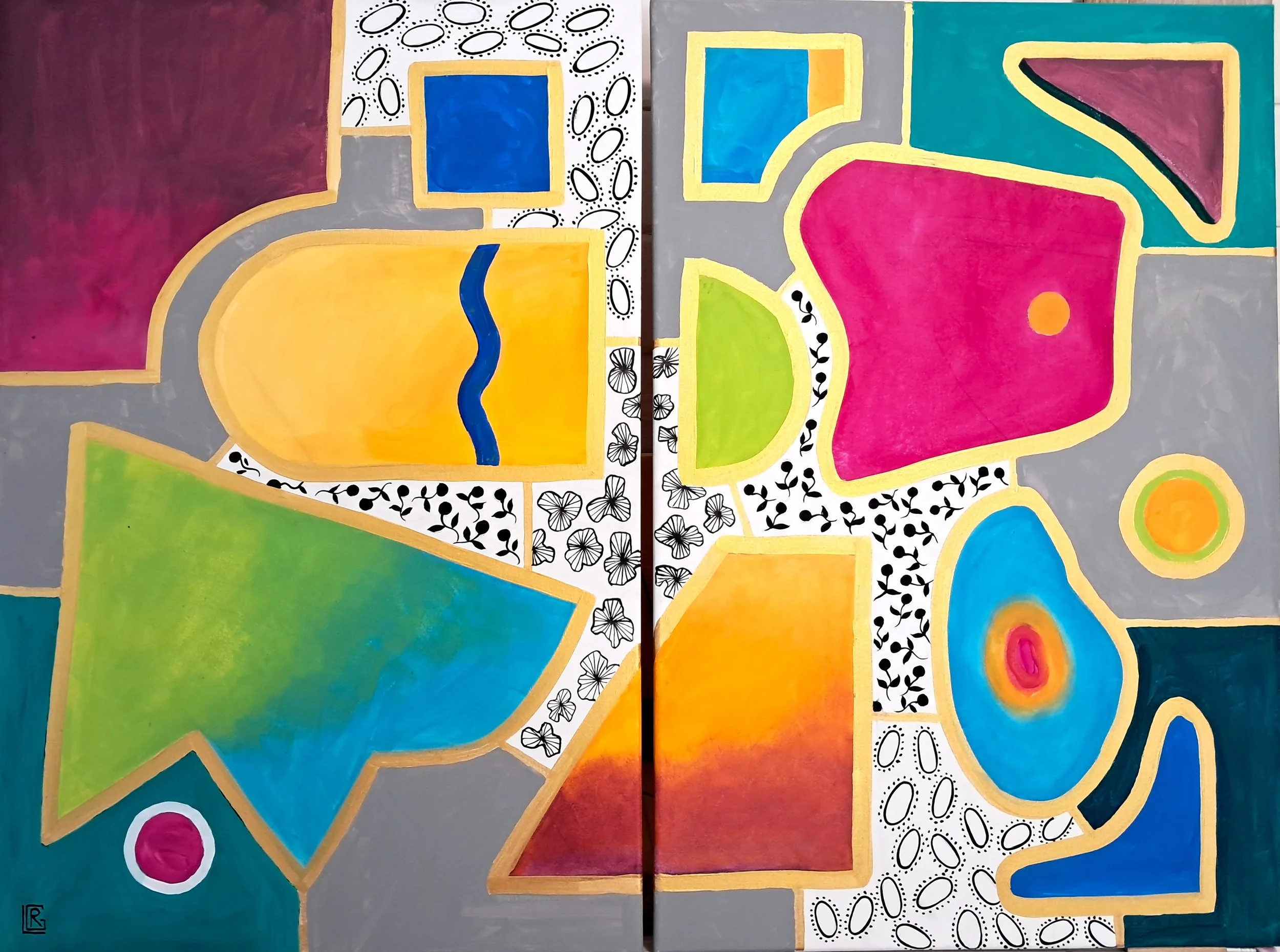 Vivid Geometric Abstract Canvas.- A Diptich of Colour and Plant Zentangles.