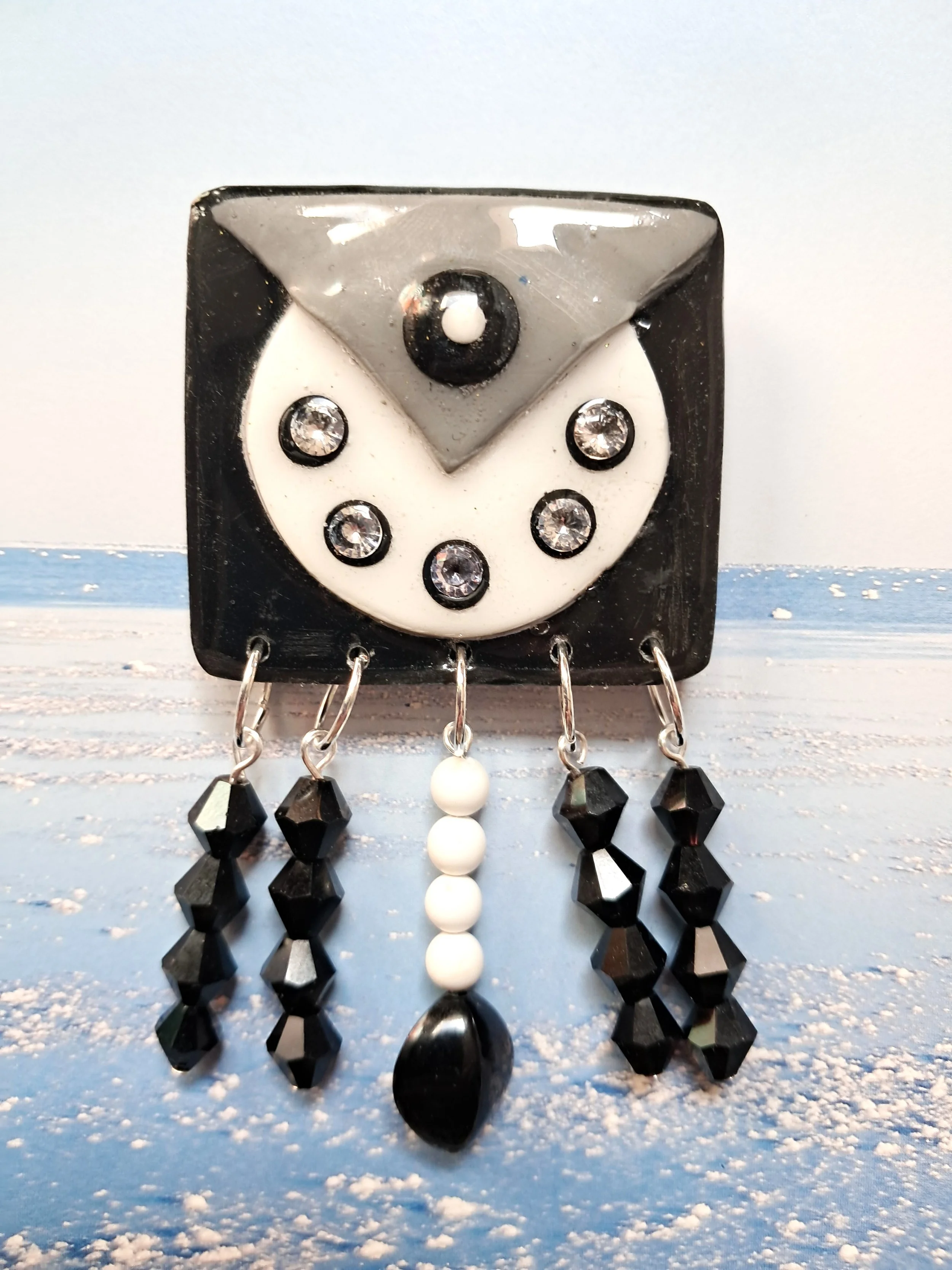 Geometric Black and White Dangle Brooch- Contemporary Deco Style