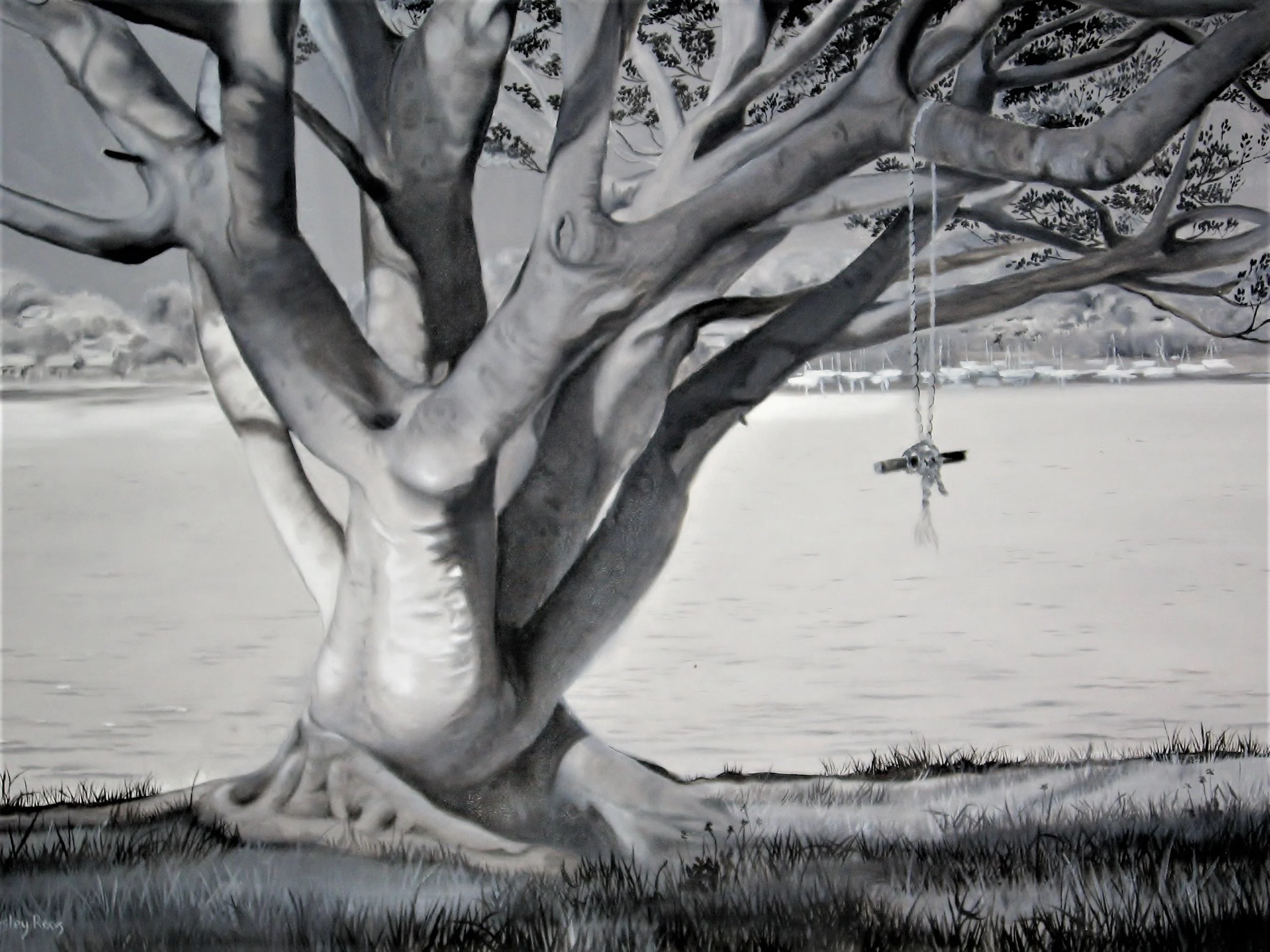A grayscale painting of a large tree with twisted branches and a swing hanging from one of them, overlooking a body of water with boats in the background.