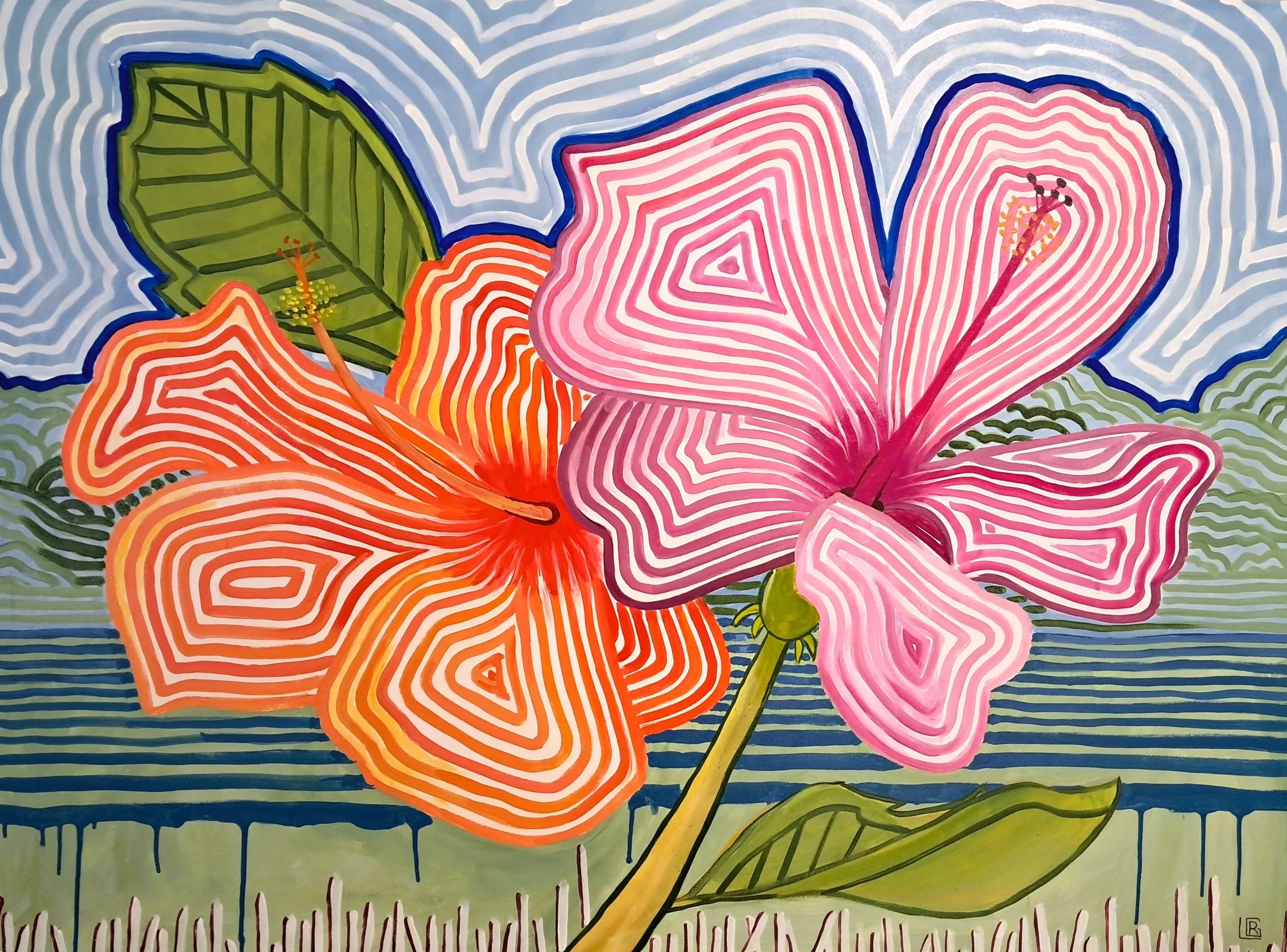 Hibiscus on Blue is a modern linear painting 90x120cm