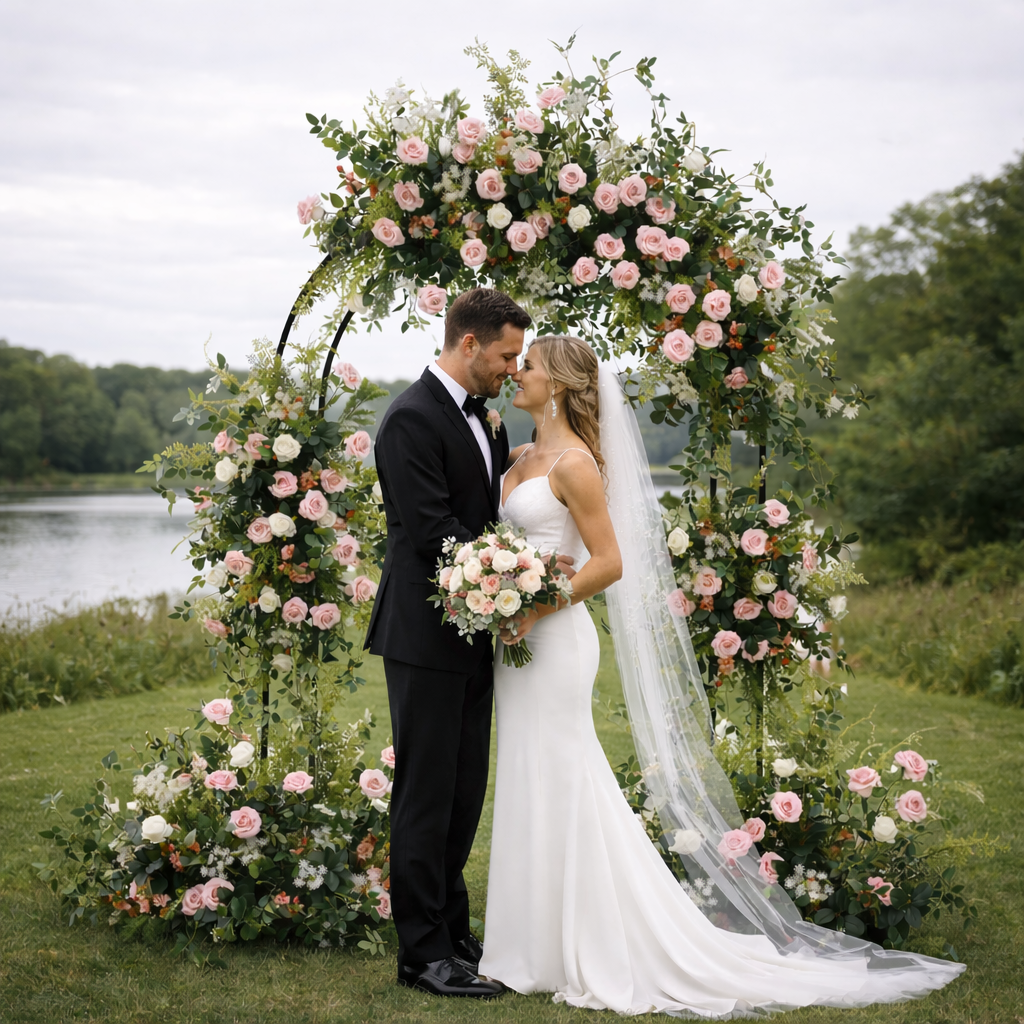 A bride and groom standing under a floral arch during an outdoor wedding, with a river and trees in the background.