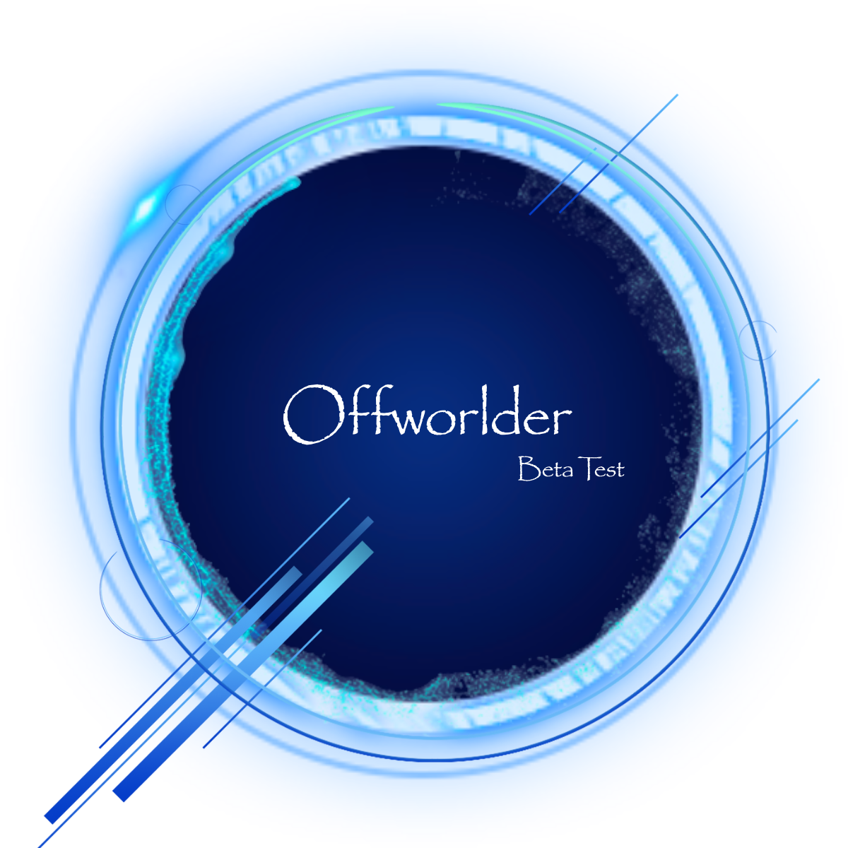 Digital graphic with a dark blue central circle containing the text 'Offworlder Beta Test' surrounded by a blue futuristic glowing circular design.