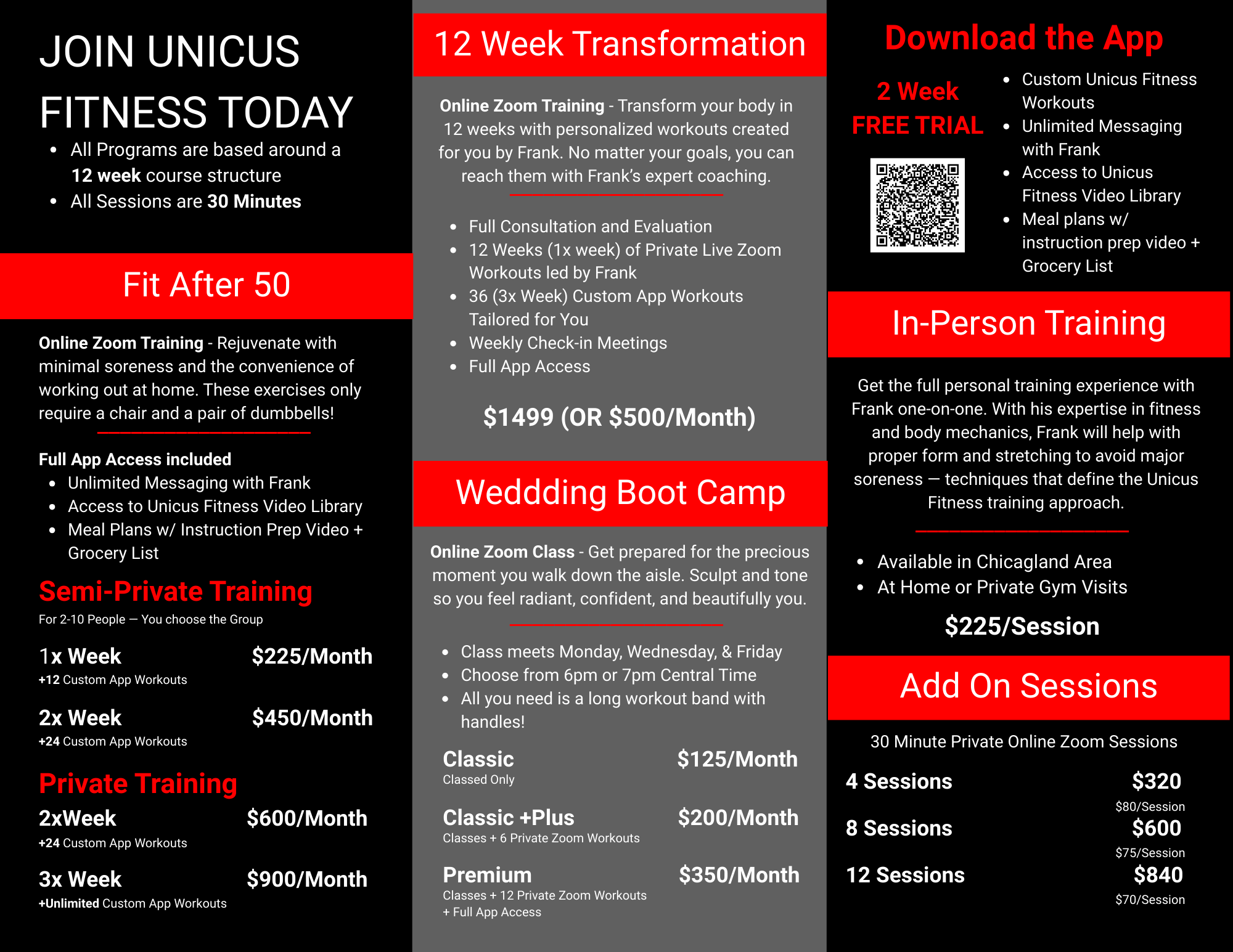 Flyer for Unicus Fitness promotion. Features include 12-week transformation program, online zoom training, semi-private and private training options, wedding boot camp, and app details. Highlights: free trial, app download info, in-person training in Chicagoland, and session prices.