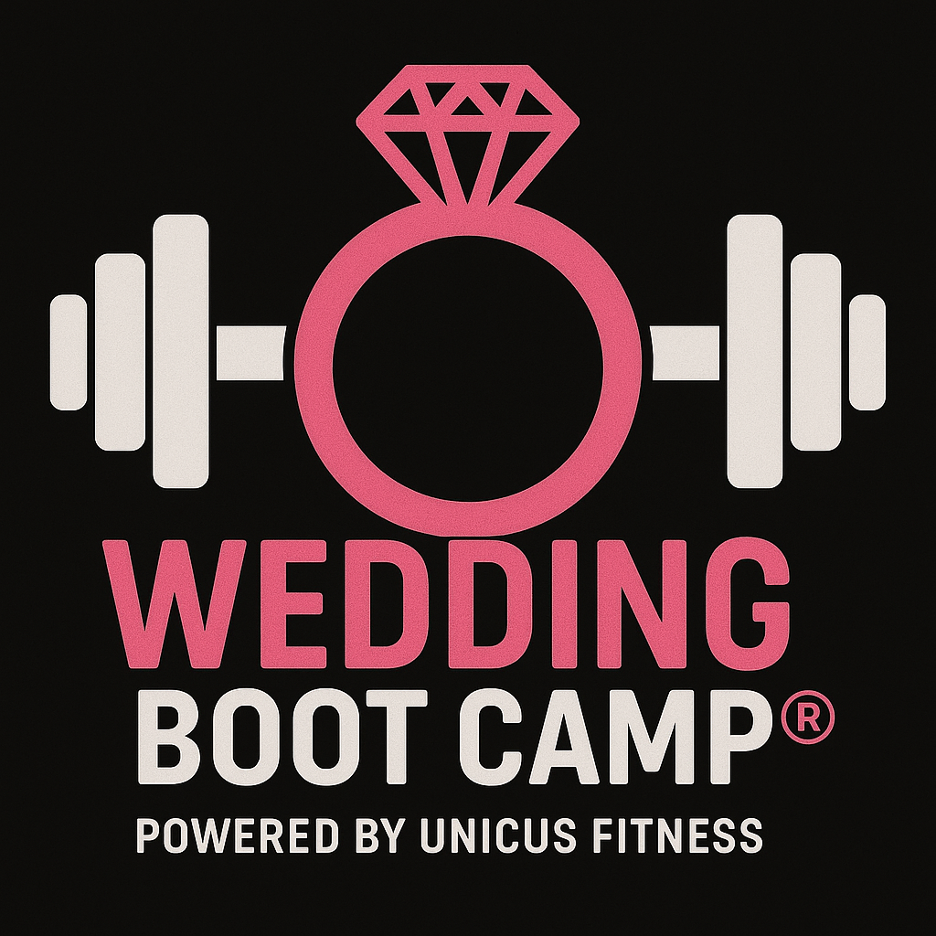 Pink diamond ring inside a dumbbell, with the words "Wedding Boot Camp" and "Powered by Unicus Fitness" written below, on a black background.