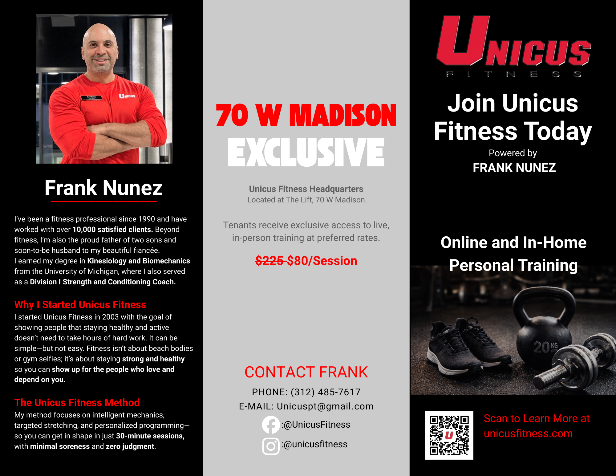 Tri-fold flyer for Unicus Fitness featuring a photo of Frank Nunez, promotional text about personal training services, pricing, contact info, social media, and a QR code.