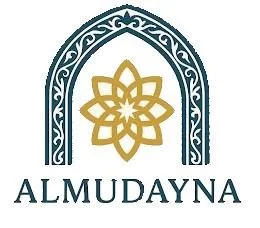 Logo with a decorative arch, a gold geometric flower, and the word 'ALMUDAYNA' beneath.