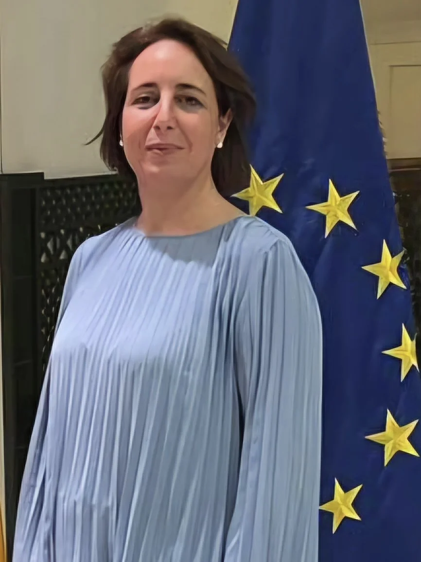 A woman with shoulder-length brown hair standing in front of a European Union flag. She is wearing a light blue pleated dress and small pearl earrings.