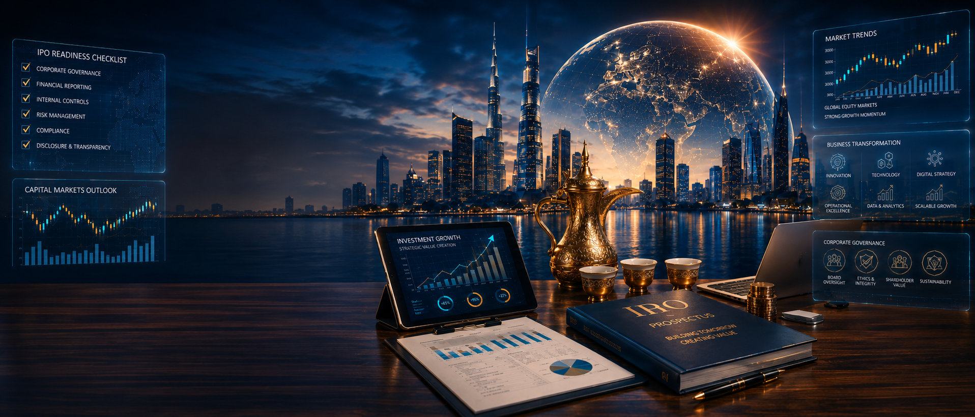 Office desk with financial documents, a tablet showing investment growth, a laptop with a digital overlay of market trends, Arabic coffee pot and cups, with a city skyline, displaying financial charts, IPO Readiness