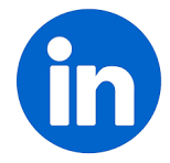 LinkedIn logo, blue circle with white 'in' in the center