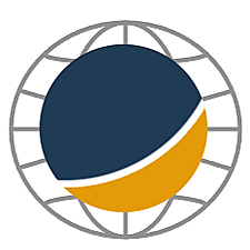 :ogo - Dark blue and gold crescents which combined create a planet-like shape over a globe icon.