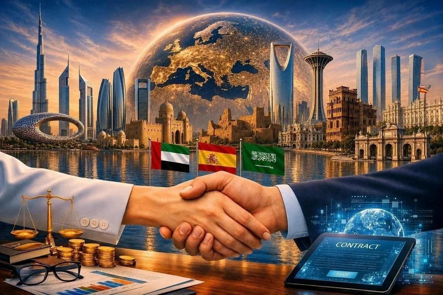 Torres Global Partners representing operations in Dubai, Abu Dhabi, Riyadh, Dammam, Jeddah and Madrid with skyline from those cities and international cross-border advisory