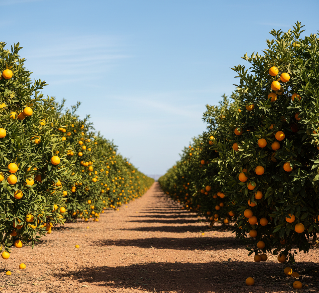 Orange trees in an orchard with ripe oranges hanging from the branches under a clear blue sky.