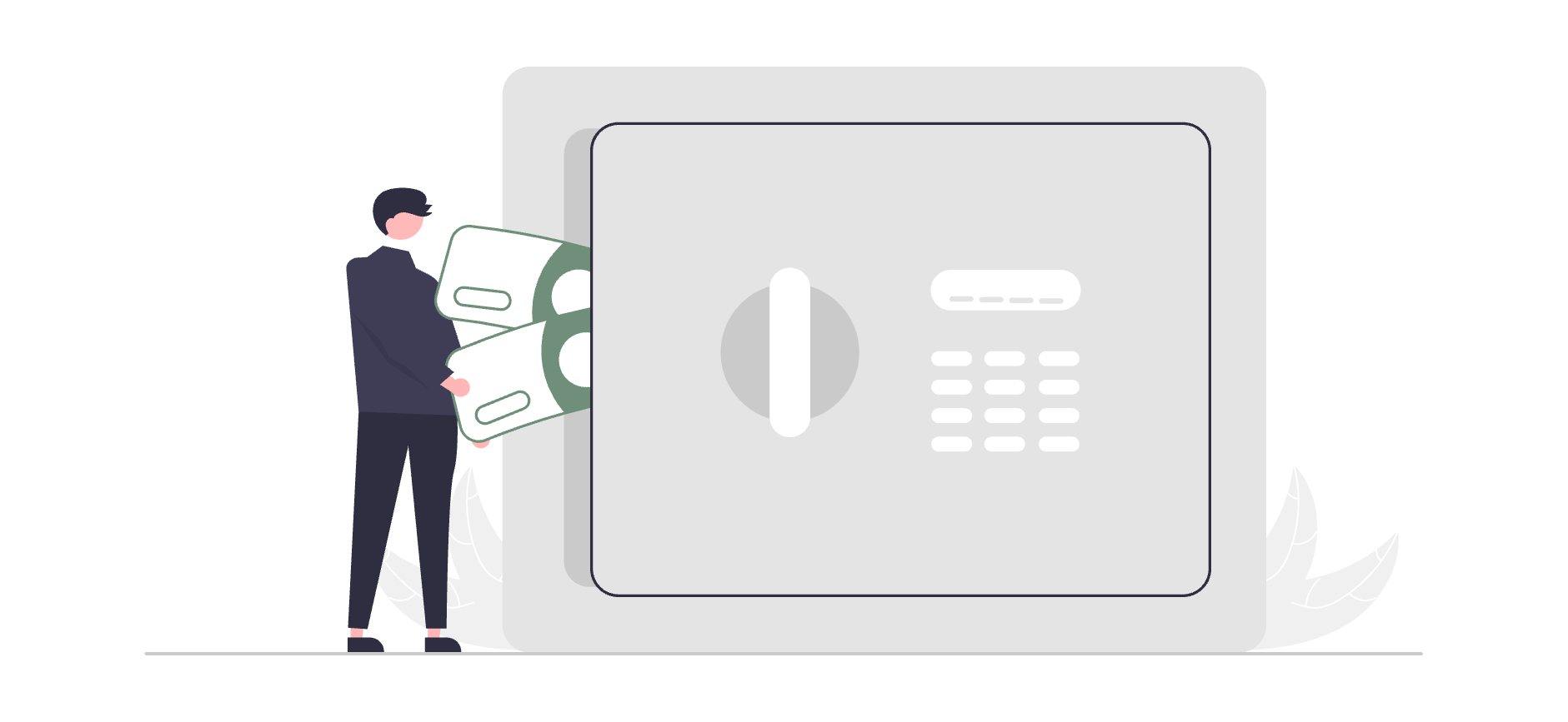 A cartoon illustration of a person loading dollar bills into a large safe. The safe has a circular dial and a keypad.