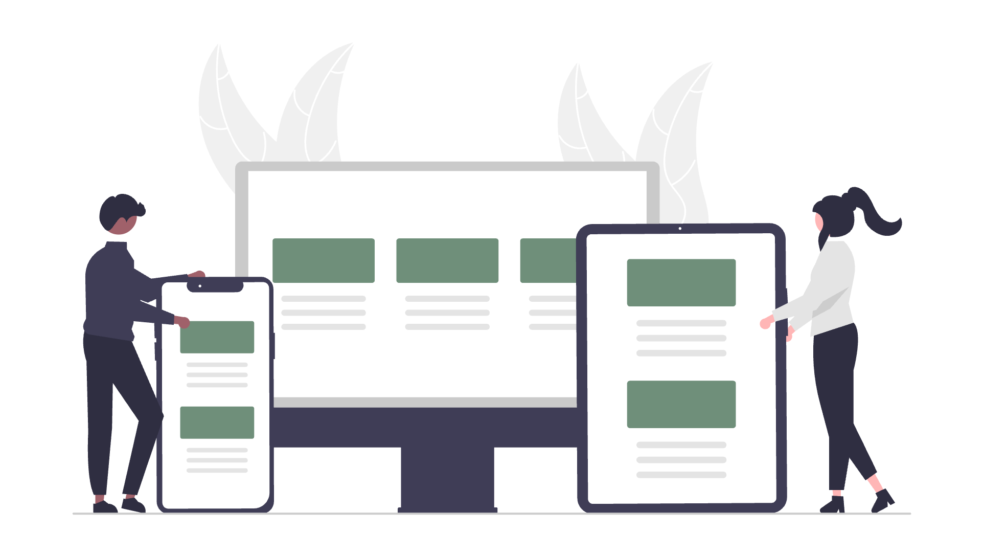 Illustration of two people working on website design on mobile and tablet screens with a desktop monitor in the background, minimalistic style