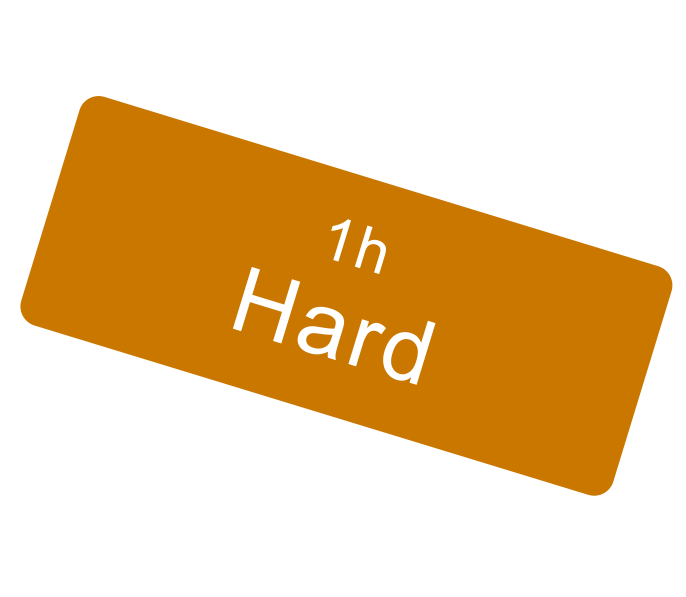 A brown rectangular label with the words '1h Hard' in white text, slanted at an angle.
