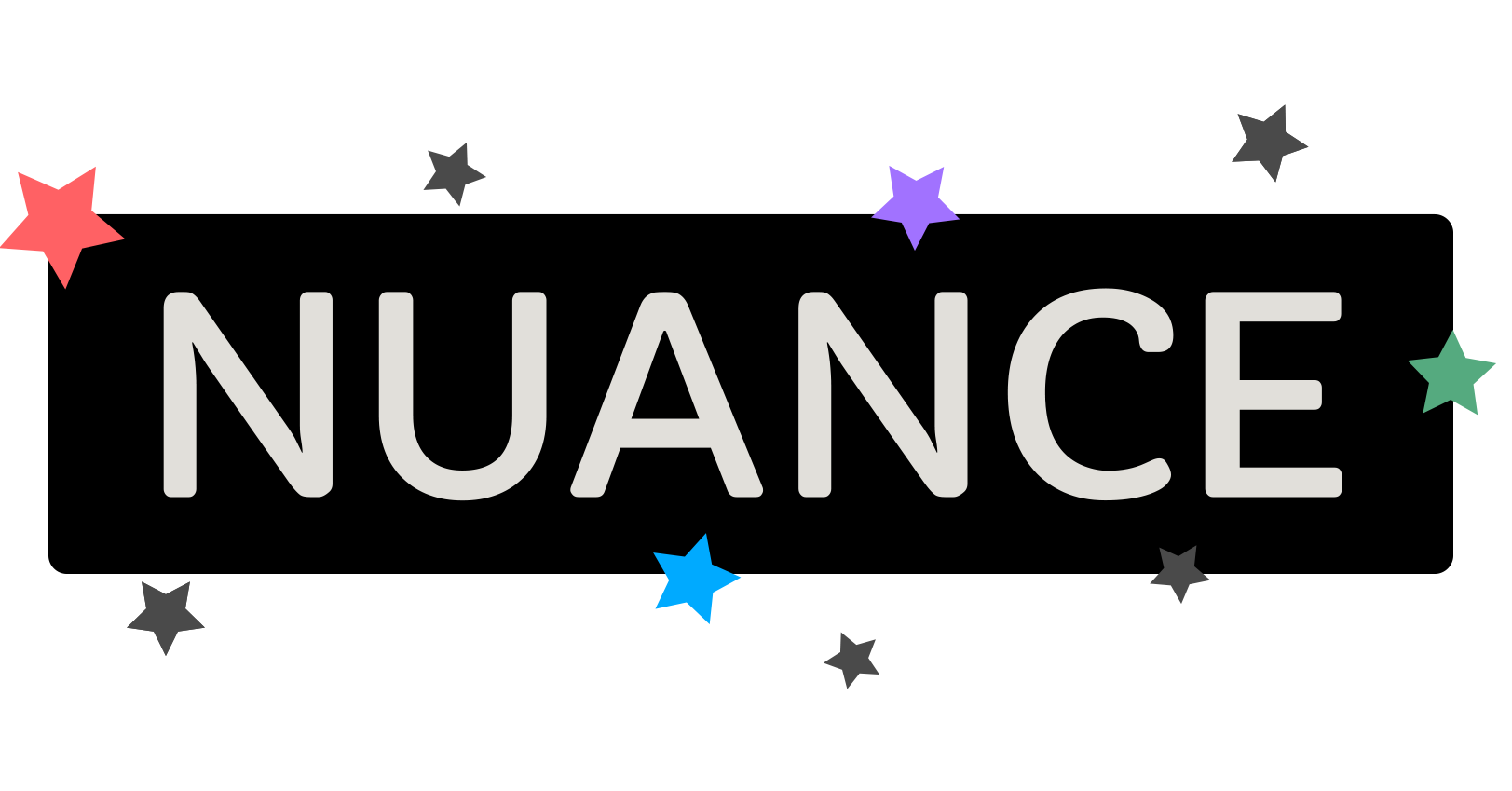 The word 'NUANCE' with colorful stars around it on a black background.
