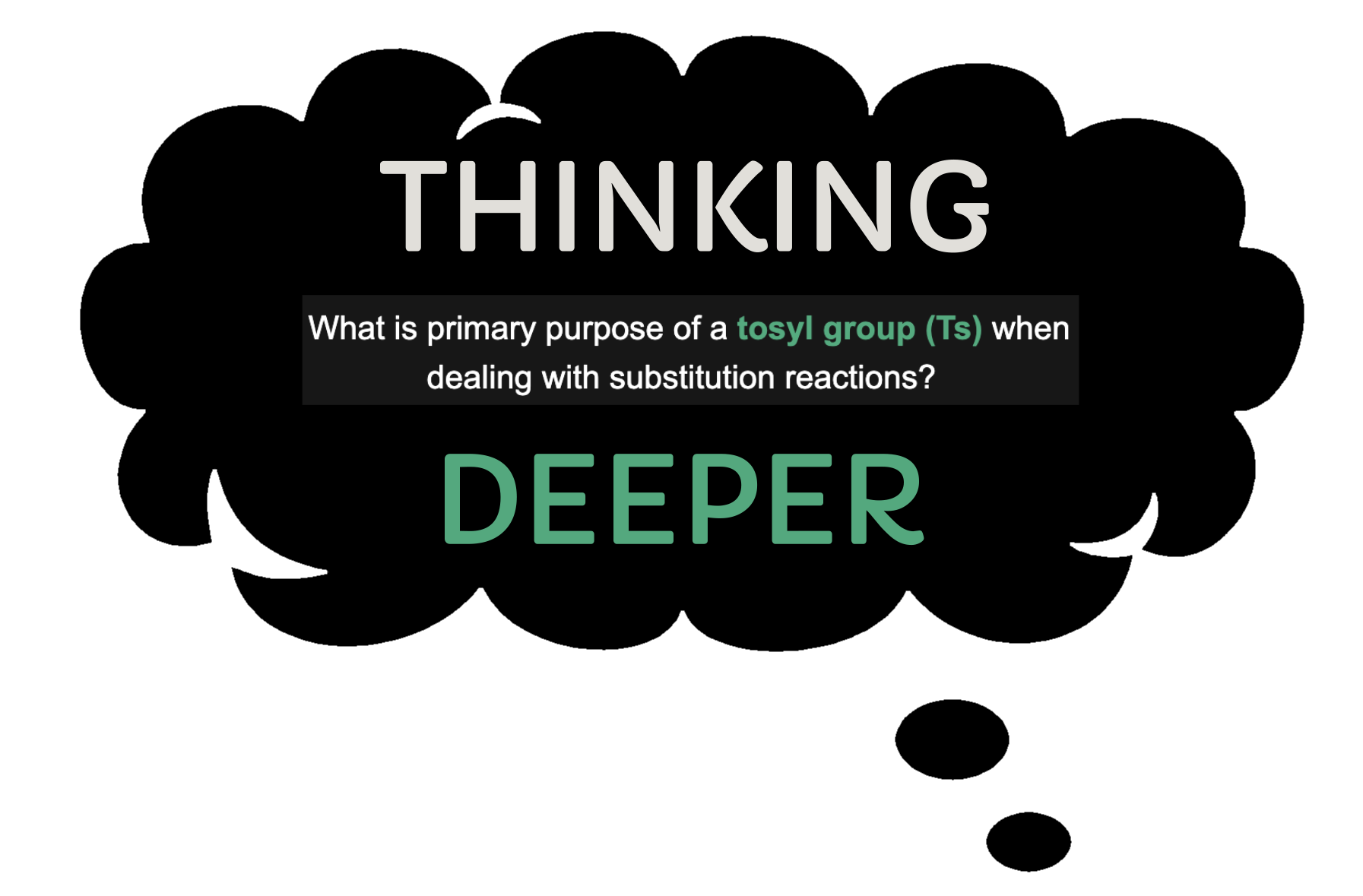 A black background with large white and green text: 'THINKING' at the top, a question about the primary purpose of a tosyil group when dealing with substitution reactions, and a large word 'DEEPER' at the bottom.