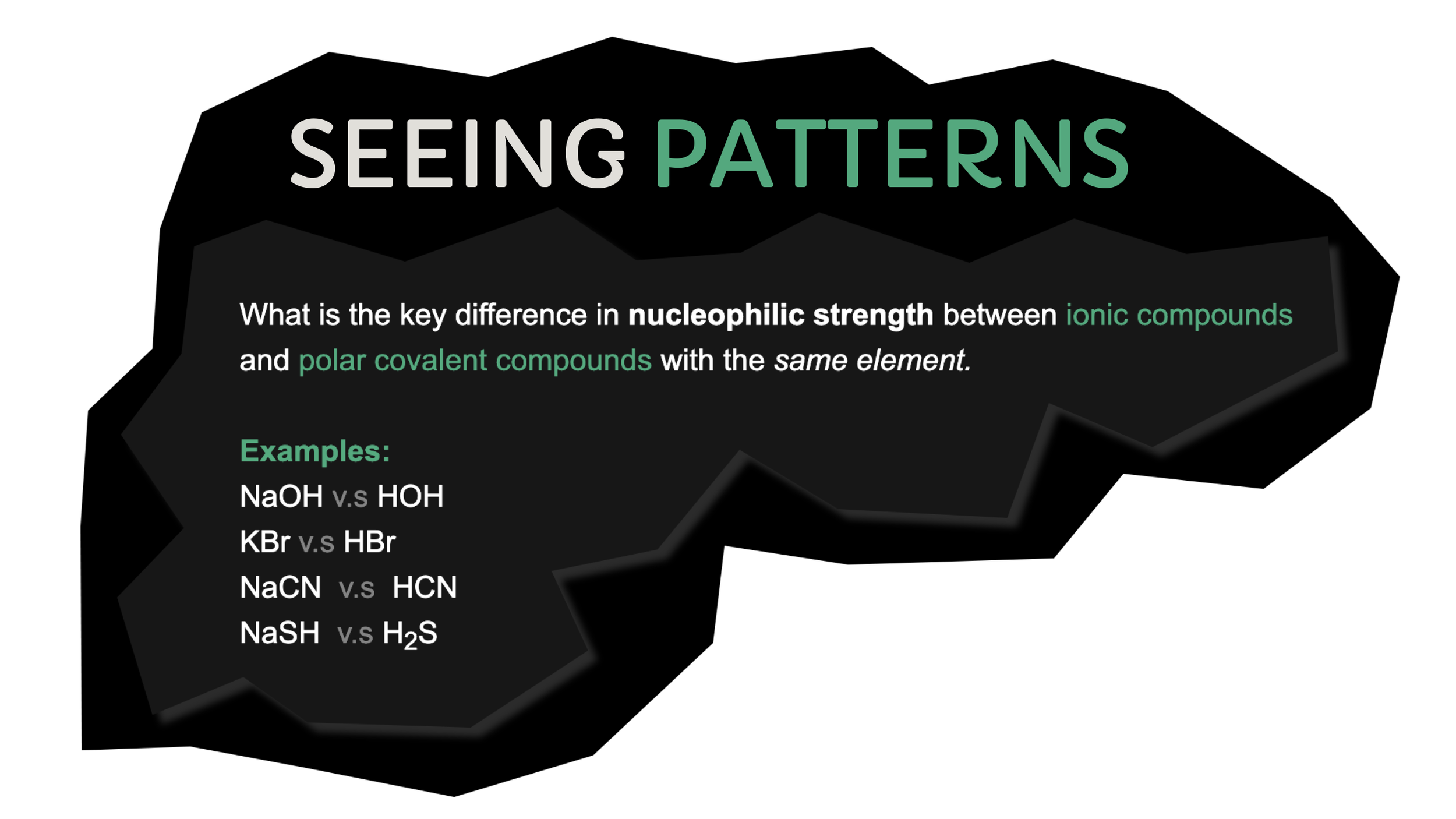 A presentation slide titled 'Seeing Patterns' explaining the key difference in nucleophilic strength between ionic and polar covalent compounds with examples of chemical comparisons.