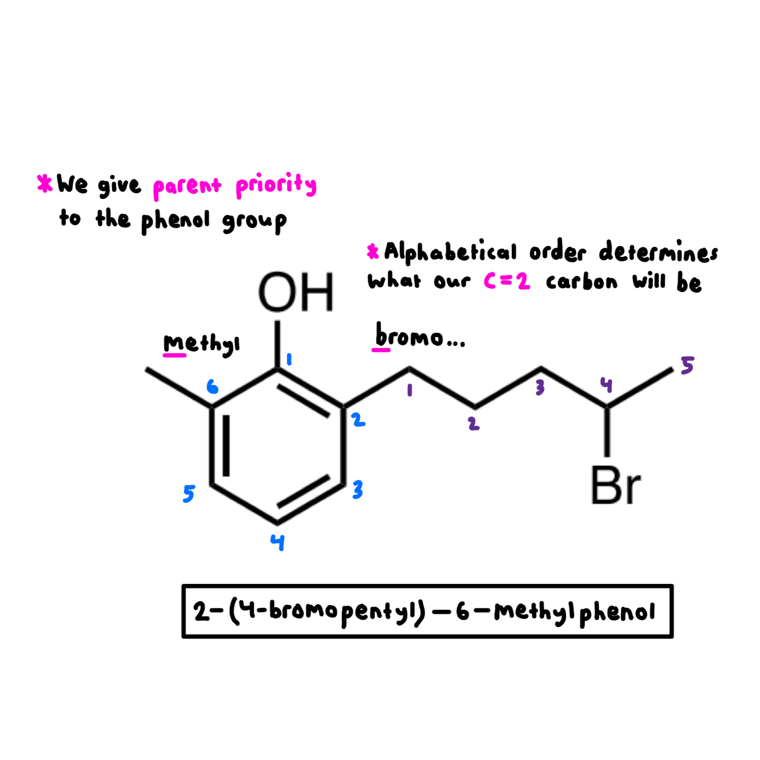 Hand-drawn chemical structure of 2-(4-bromopentyl)-6-methylphenol with numbered carbons, hydroxyl group, methyl group, and bromine substituent, annotated with notes explaining phenol group priority, alphabetical atom order, and carbon-2 definition, with colorful text and labels.